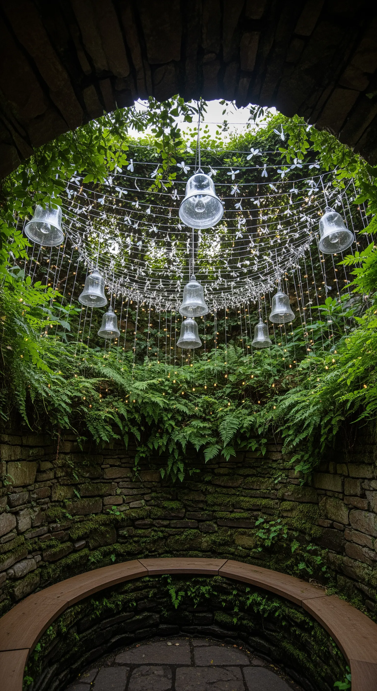 Installazione luminosa in una grotta di pietra con felci, campane di vetro e lucine.