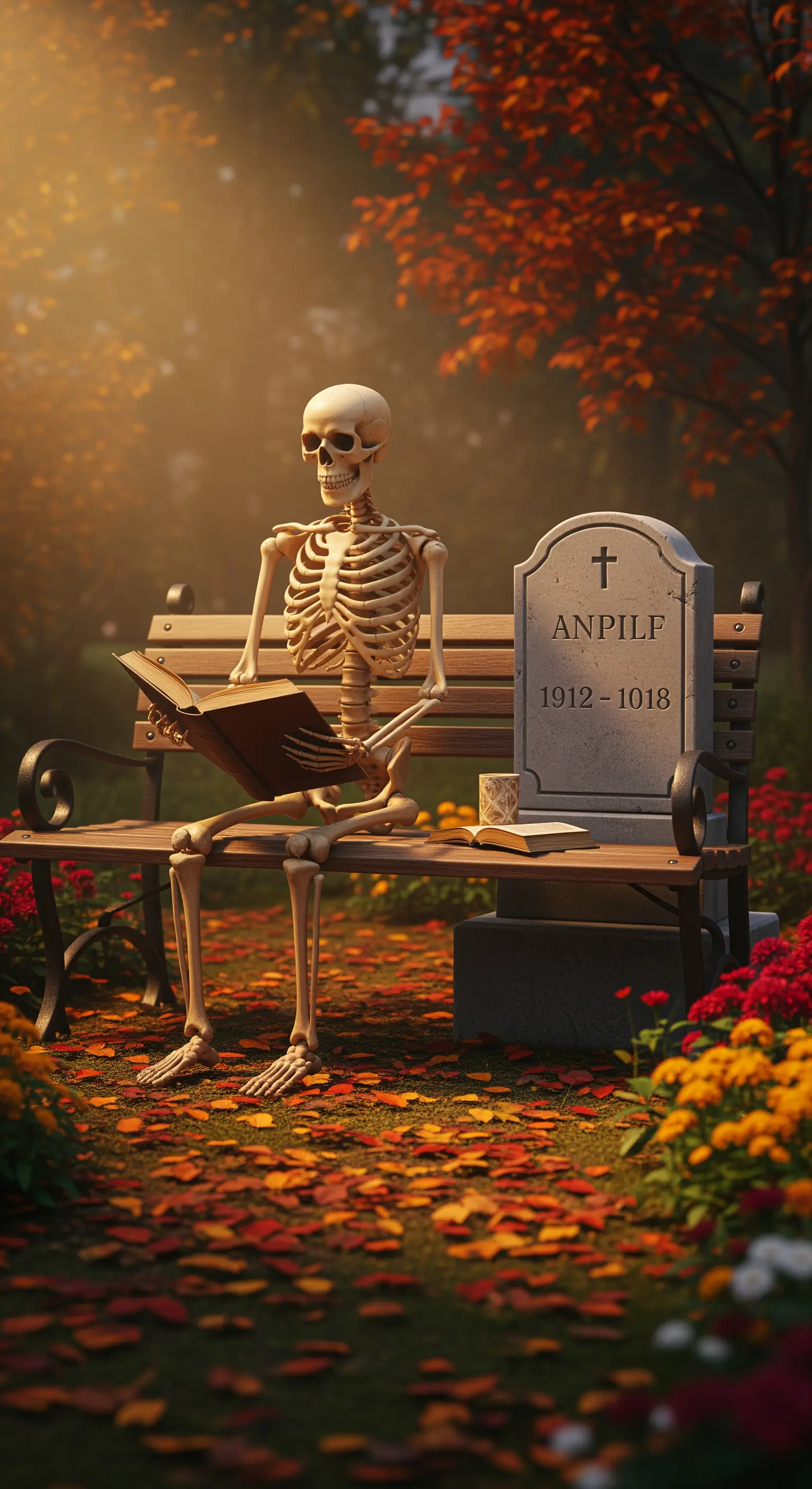 Uno scheletro legge un libro su una panchina in un parco autunnale con luce calda e soffusa.