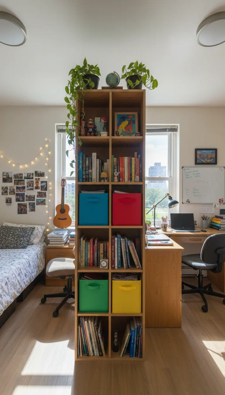 Libreria in legno usata come divisorio tra il letto e la scrivania in una camera da studente.