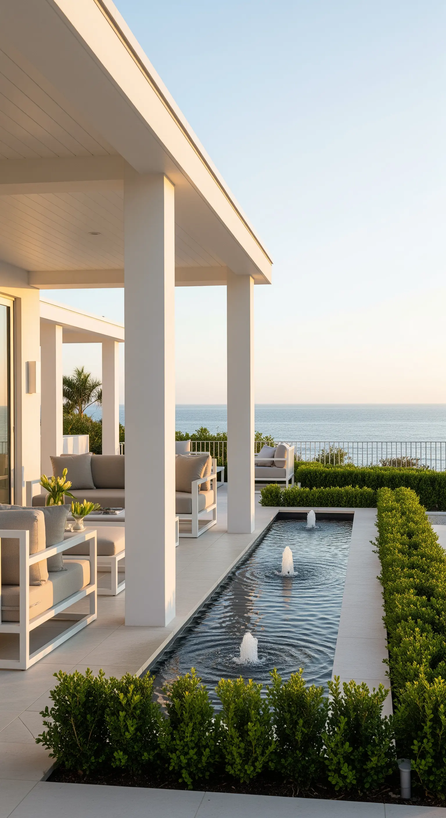 Terrazza moderna con vista mare, canale d'acqua con zampilli e divani color sabbia.