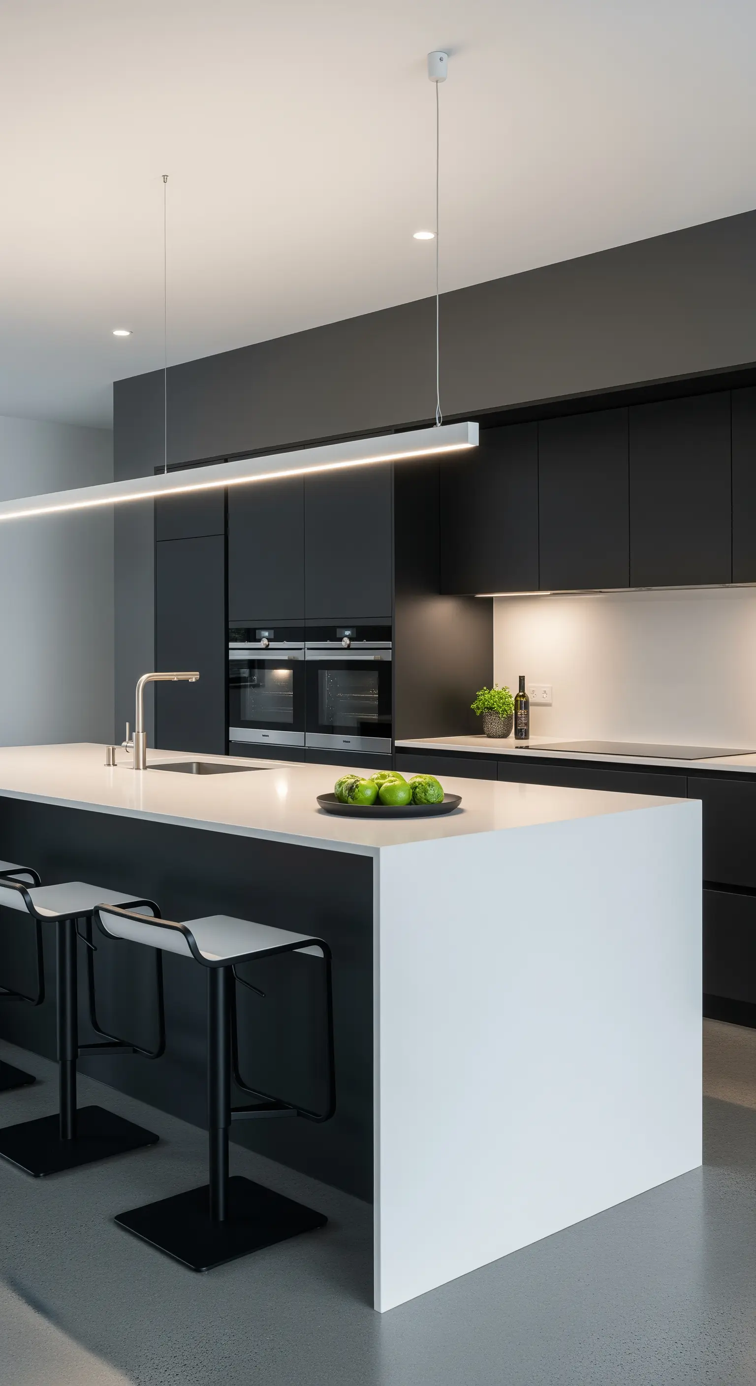 Cucina minimalista in bianco e nero con una lampada a barra LED sopra l'isola.