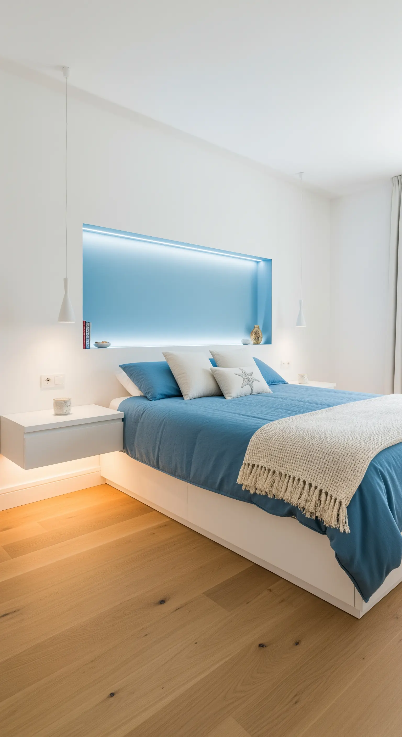 Nicchia azzurra retroilluminata a LED che funge da testiera per il letto.