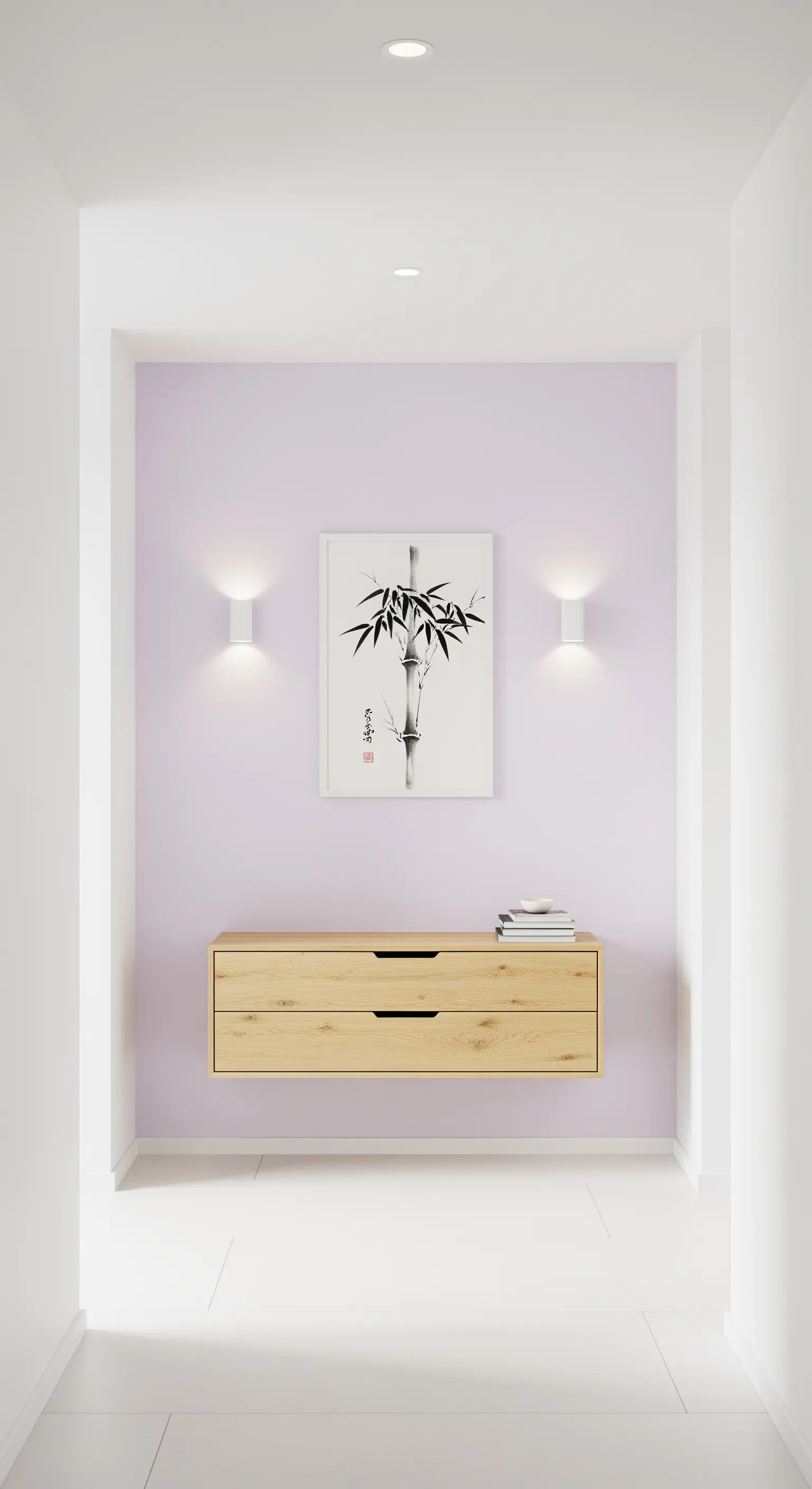 Nicchia color lilla con una consolle sospesa in legno e un quadro di bambù.