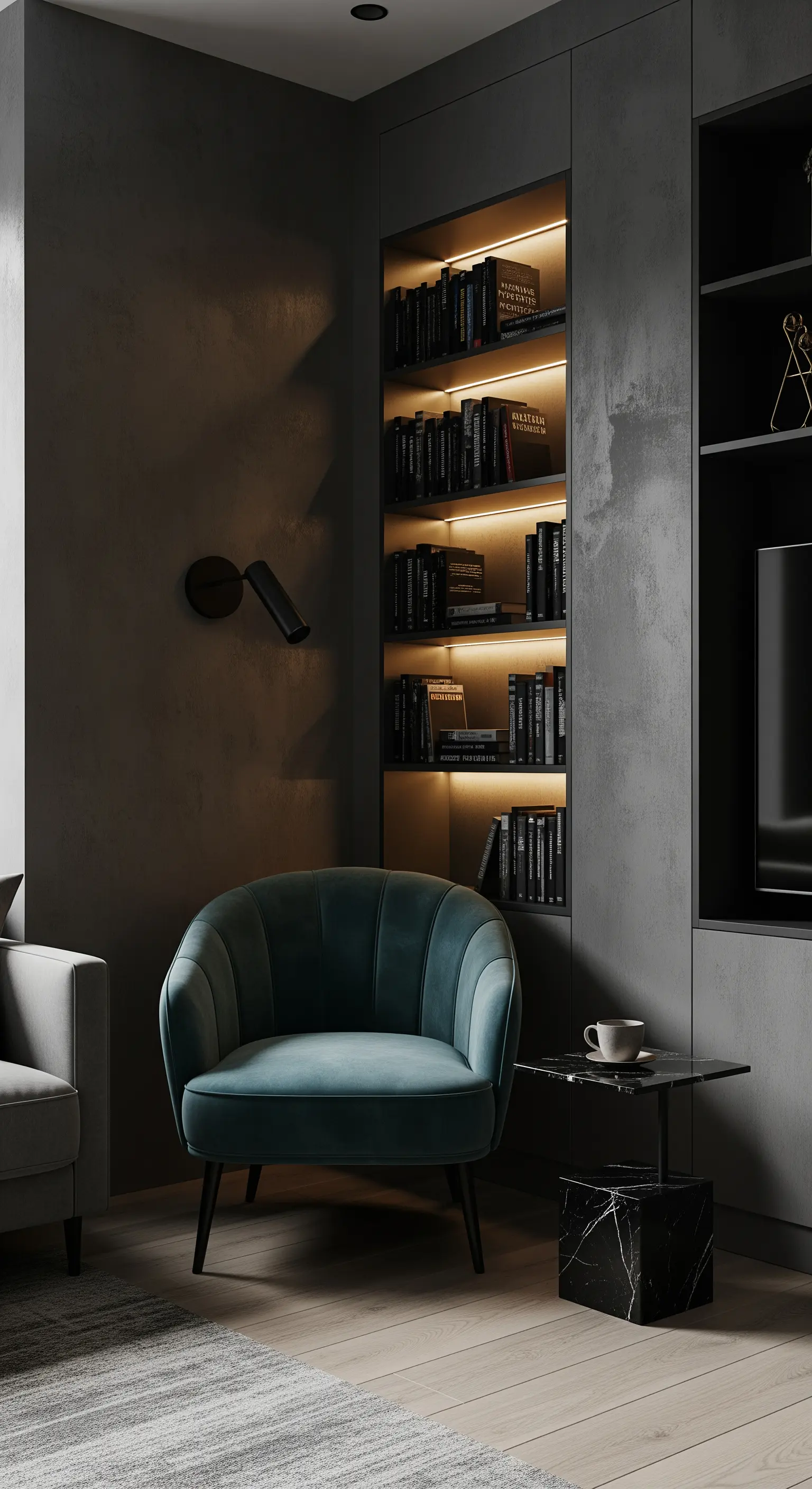 Angolo lettura con libreria retroilluminata e poltrona in velluto blu.