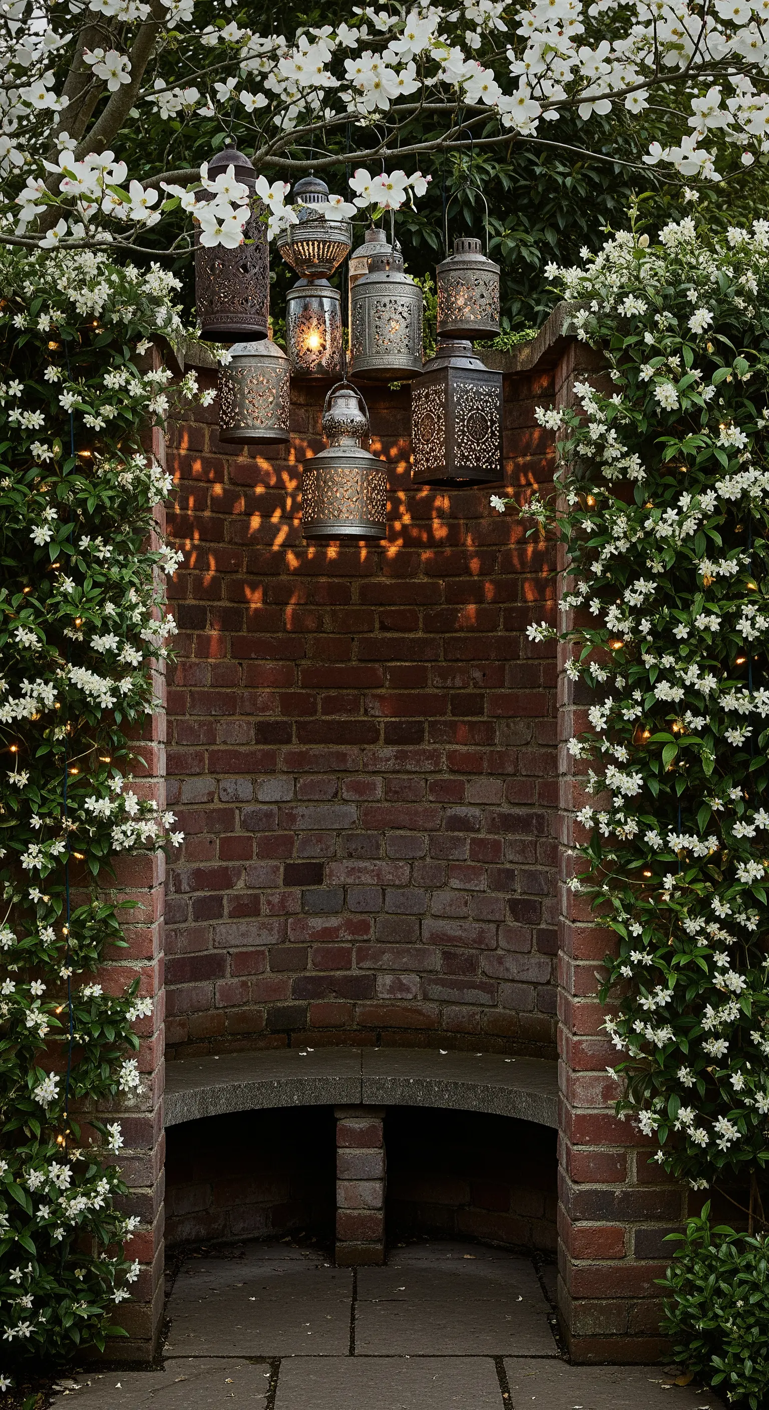 Panca in muratura in una nicchia di mattoni, con lanterne metalliche traforate appese.