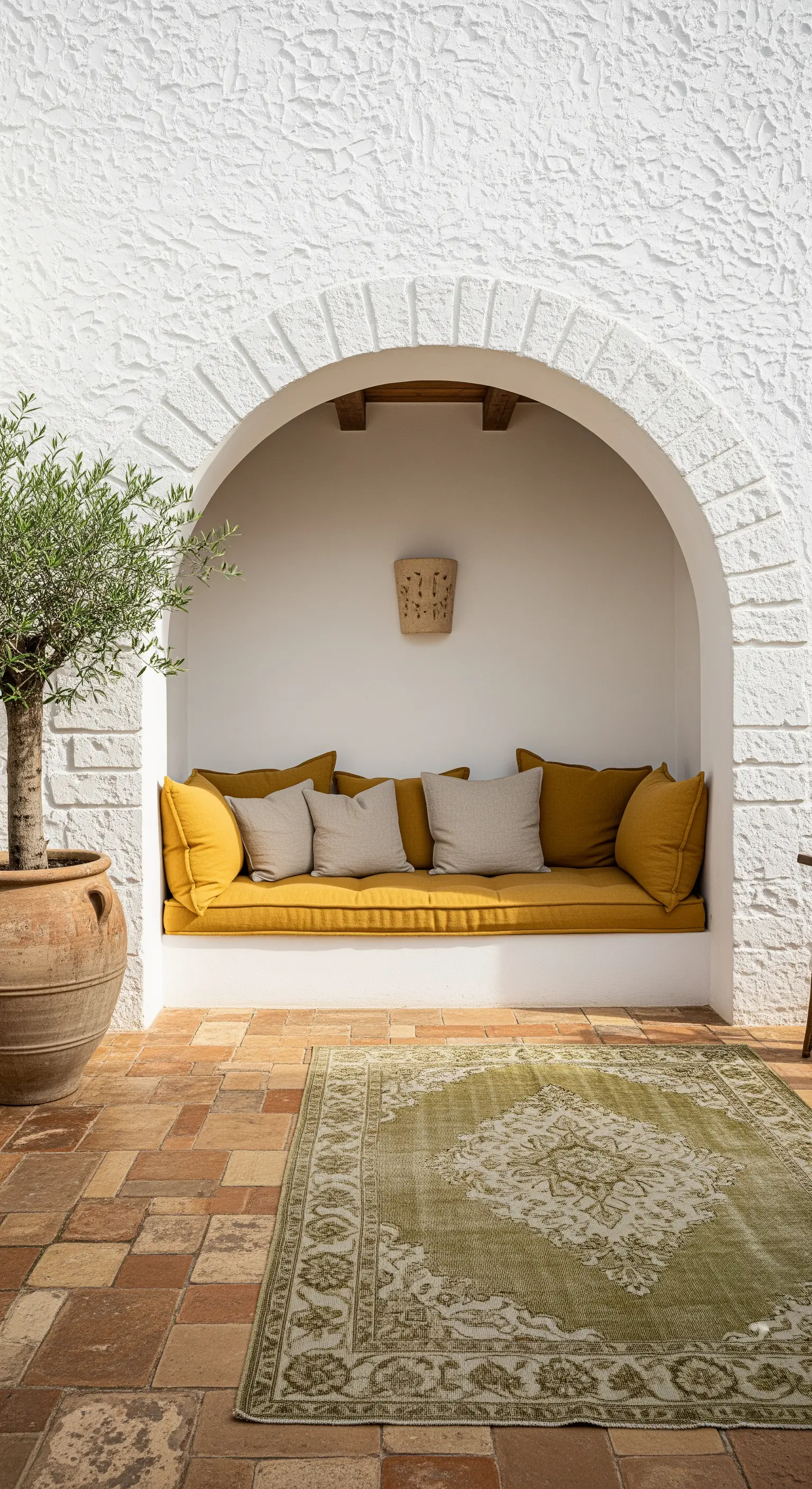 Nicchia ad arco con panca integrata e cuscini senape, tappeto verde su pavimento in cotto.