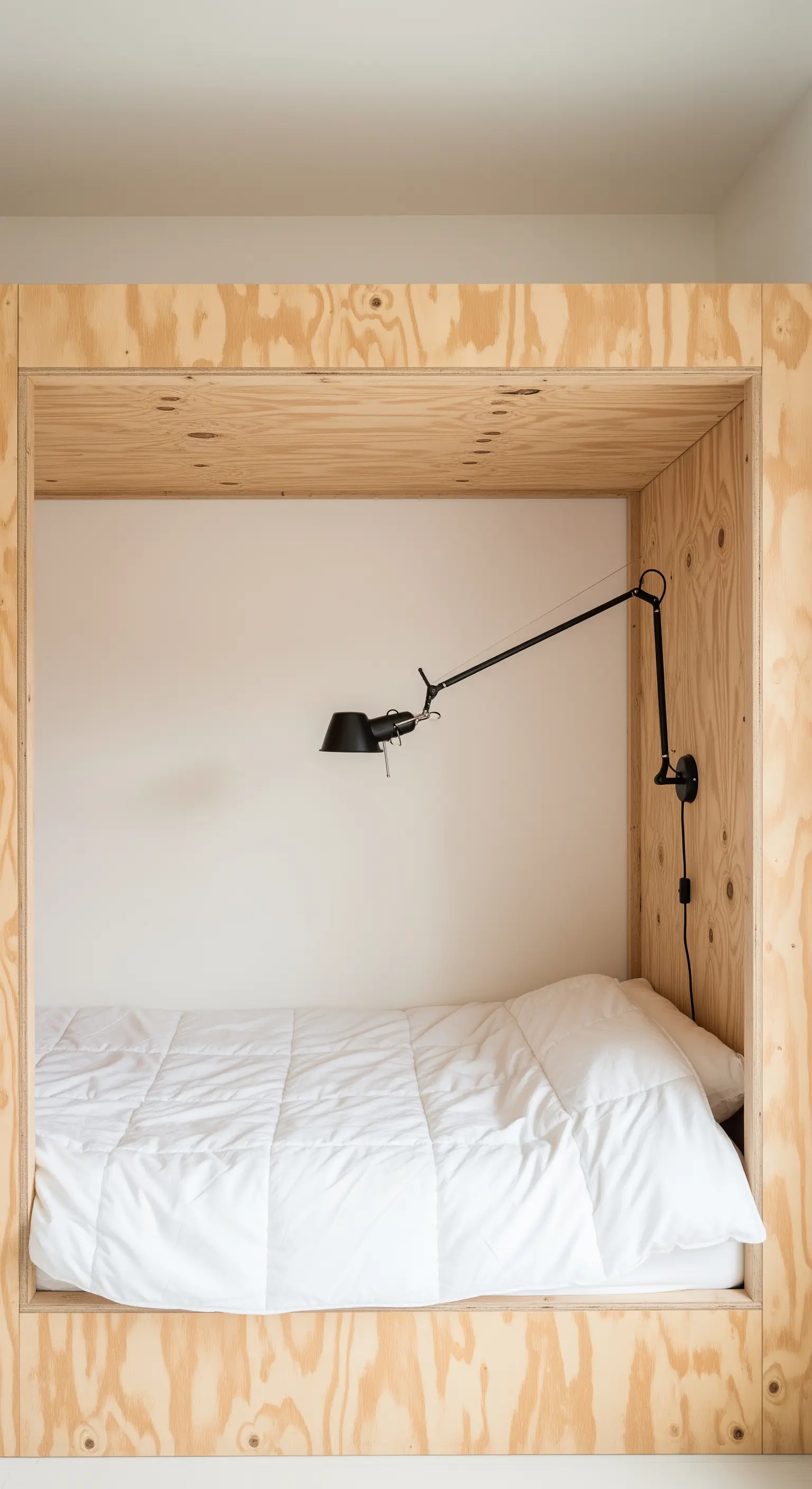 Letto in una nicchia di legno compensato con una lampada da parete nera orientabile per la lettura.
