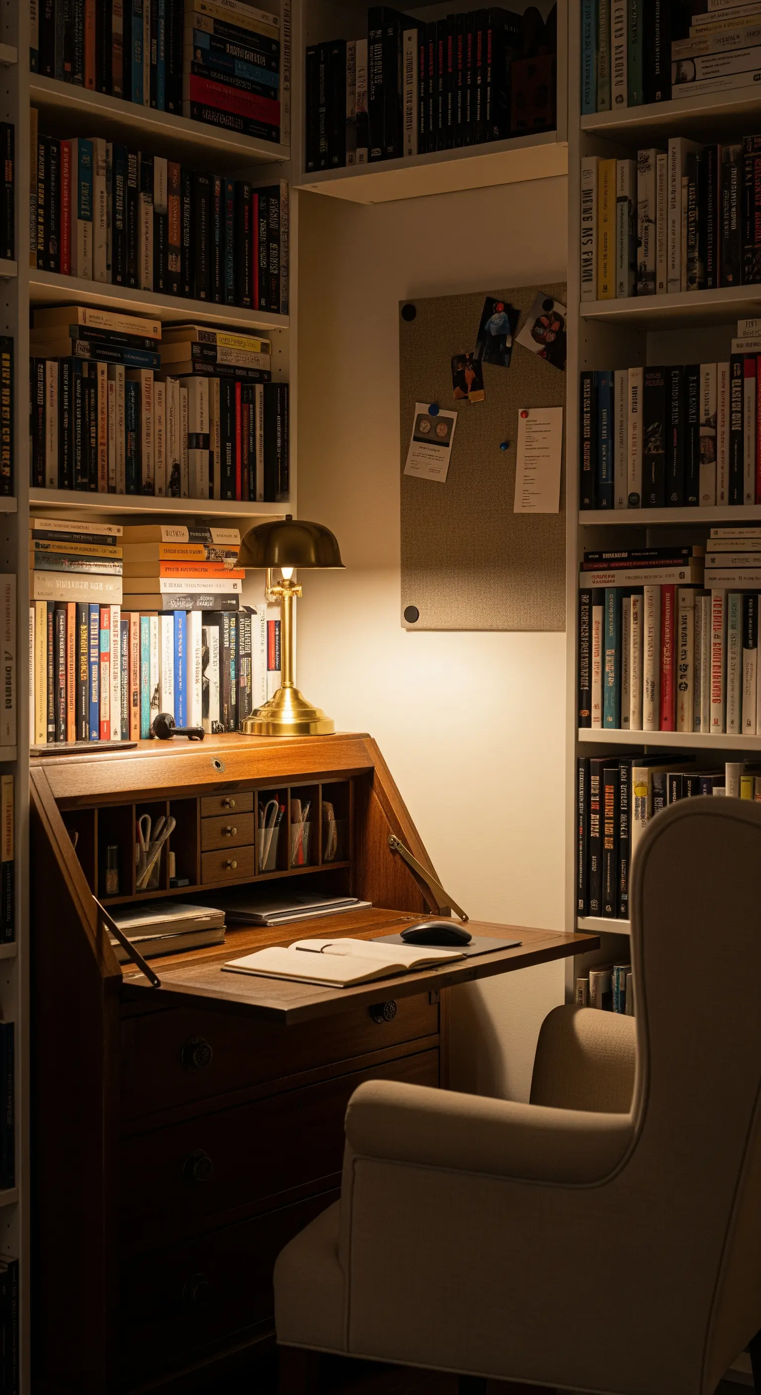 Una scrivania a ribalta in legno scuro inserita in una nicchia tra librerie bianche.