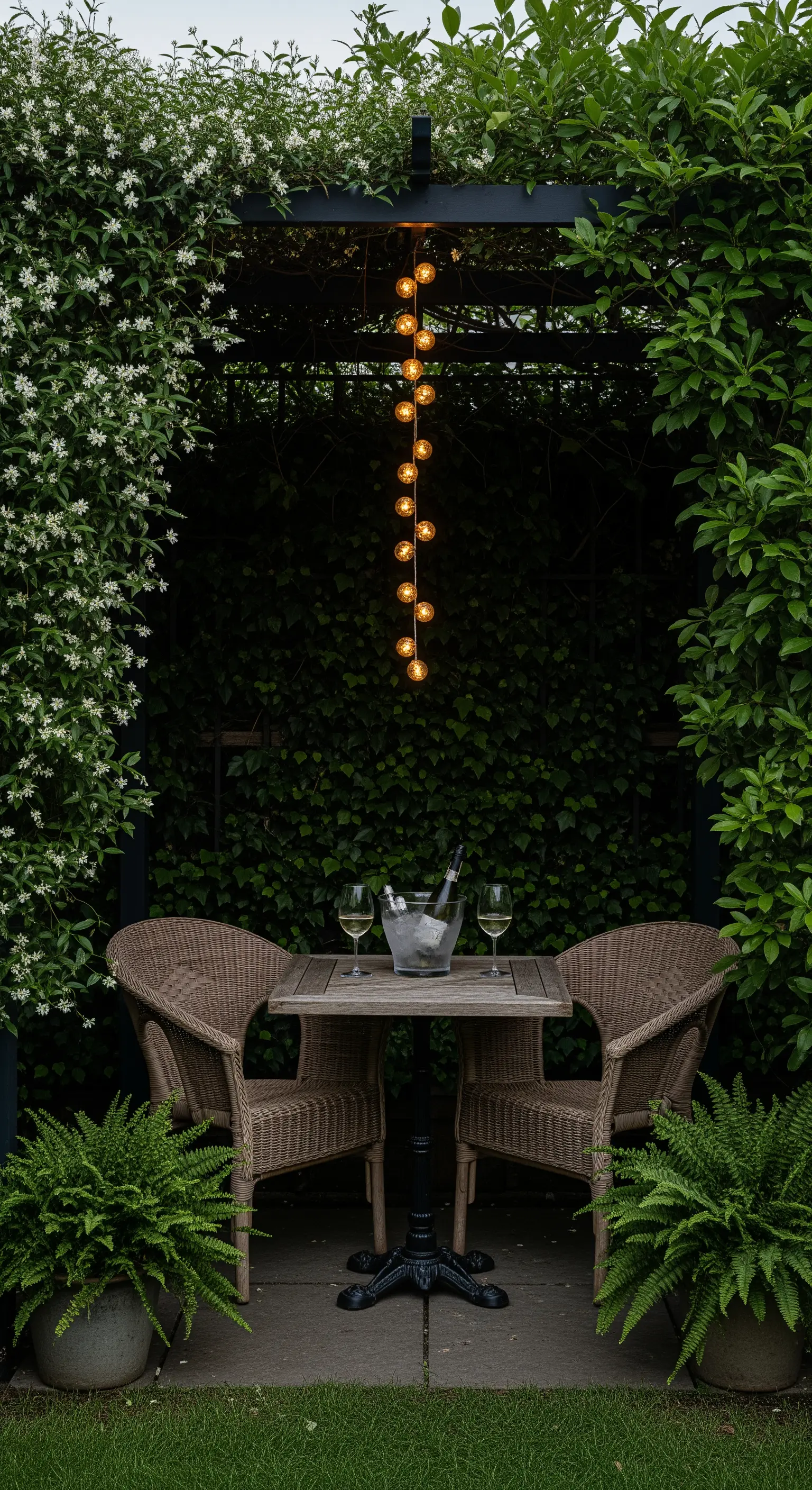 Angolo intimo per due persone con sedie in vimini e una cascata di luci.