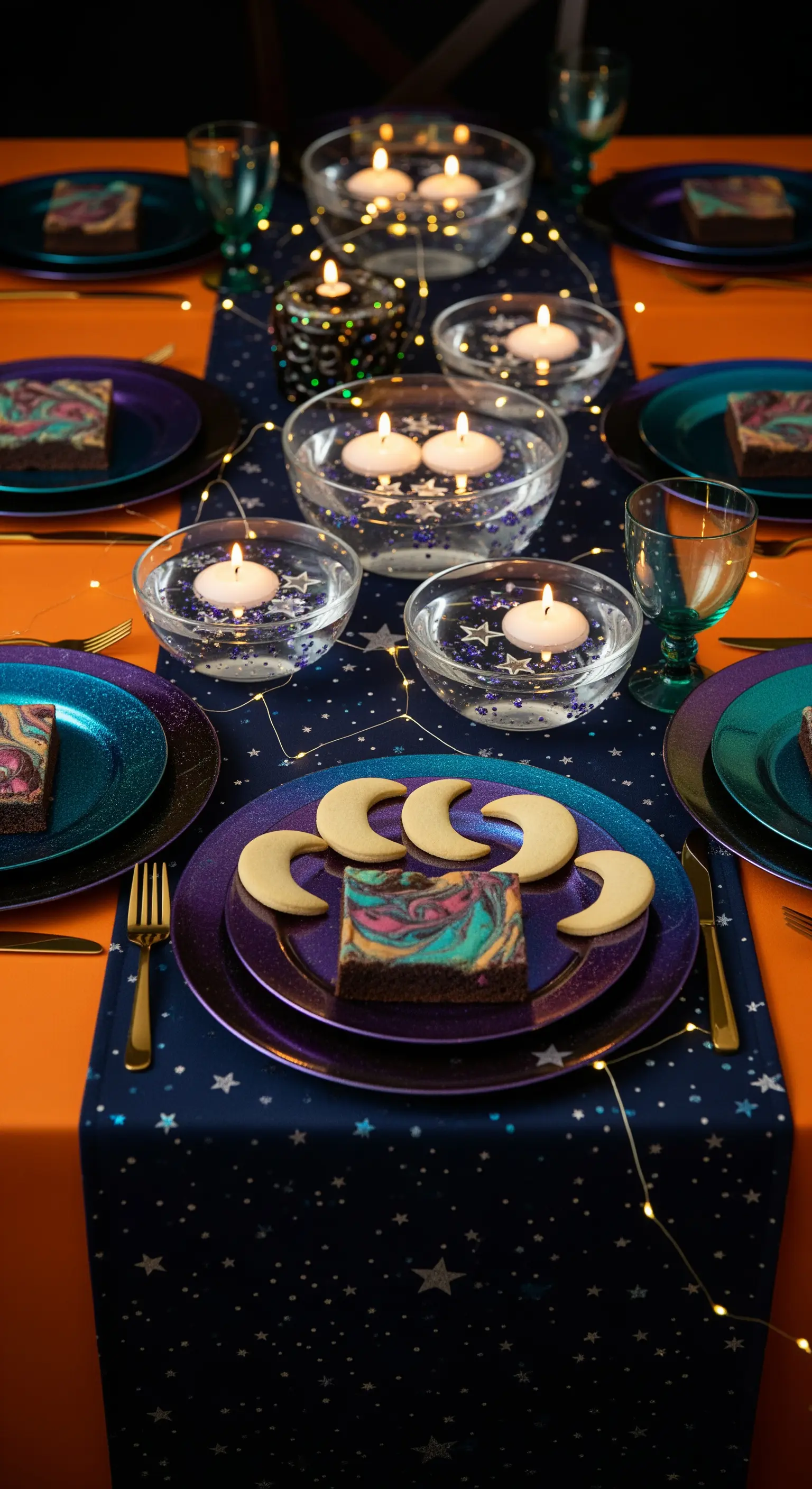 Tavola con runner blu stellato, piatti viola e candele galleggianti in ciotole di vetro.