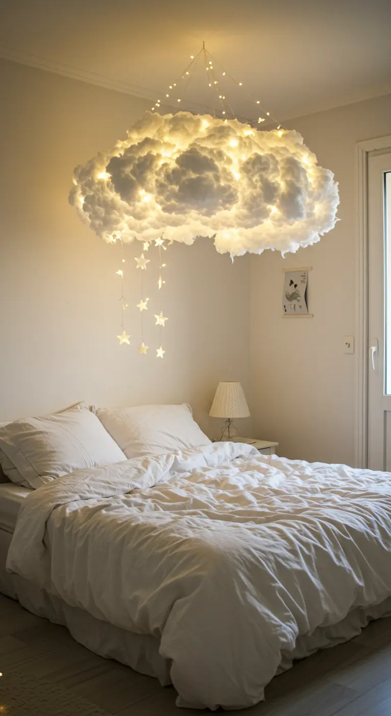 Lampada a sospensione fai-da-te a forma di nuvola, illuminata dall'interno, sopra un letto bianco.