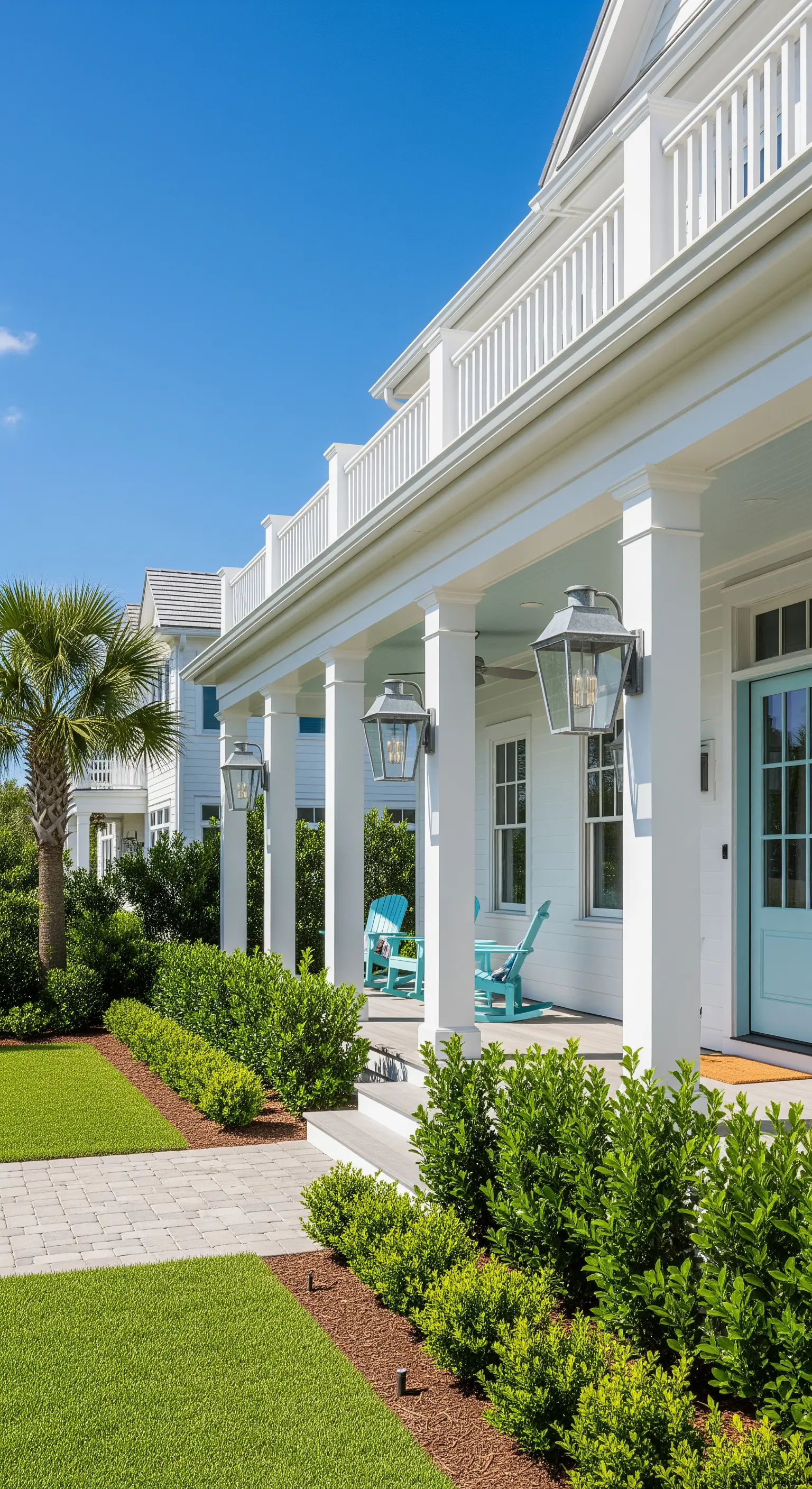 Portico bianco in stile costiero con lanterne classiche e sedie color turchese acceso.