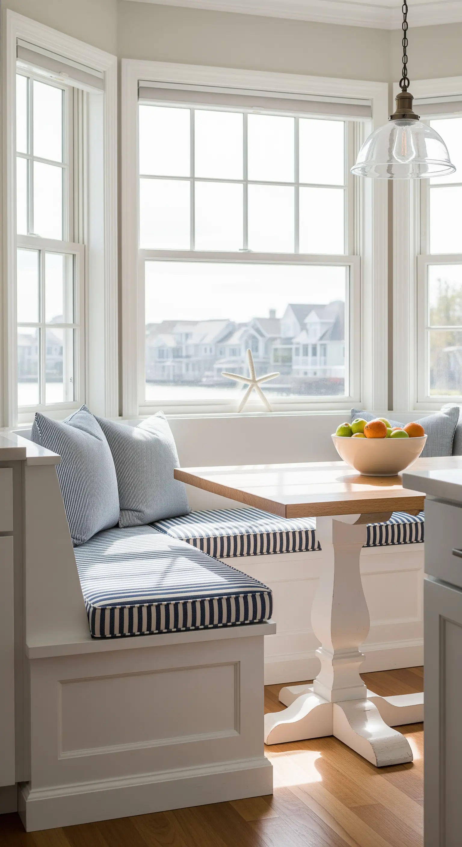 Angolo colazione con panca fissa e cuscini a righe blu affacciato sull'acqua.