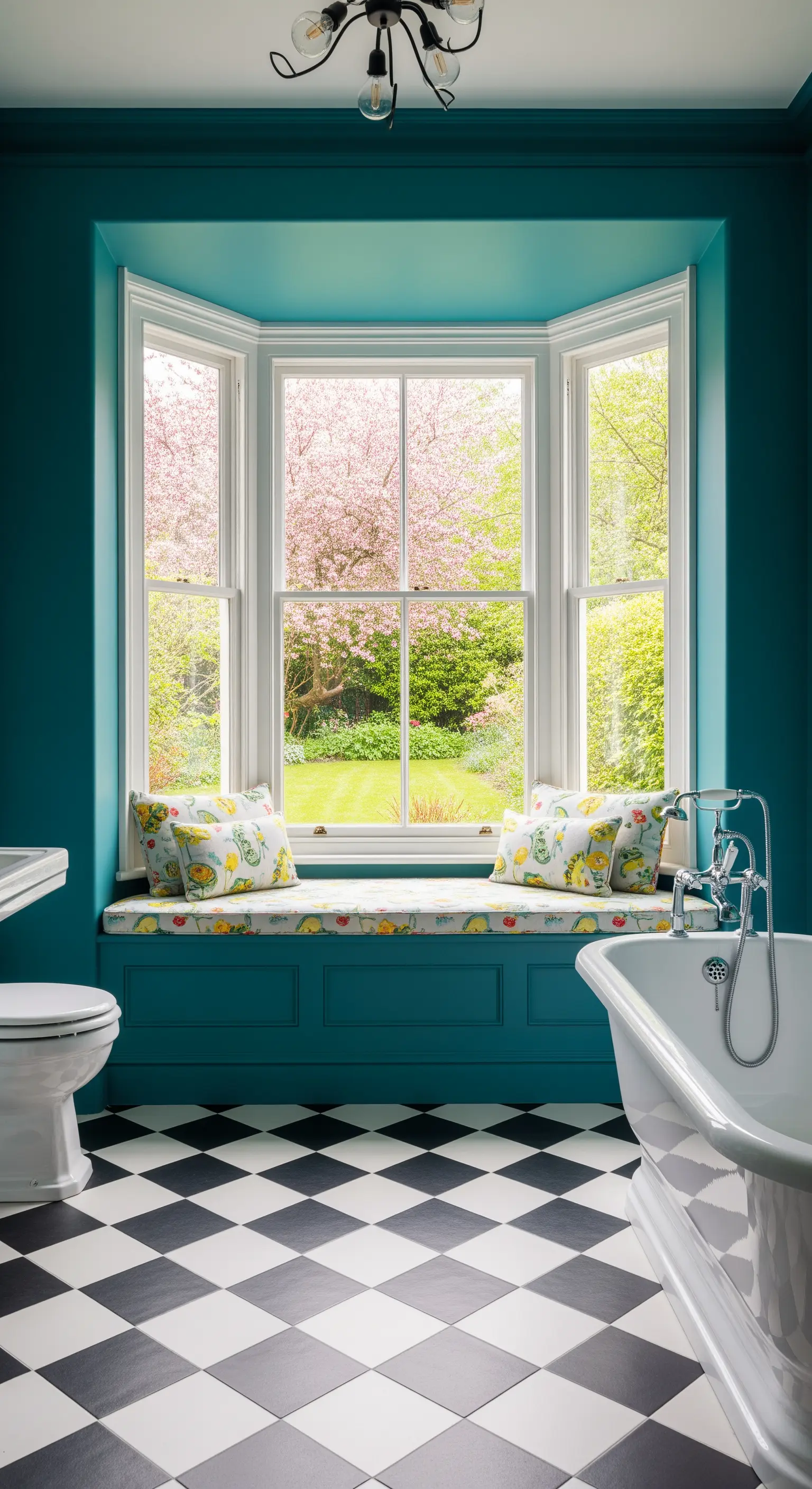 Bagno colorato con panca contenitore sotto una finestra a bovindo e pavimento a scacchi.