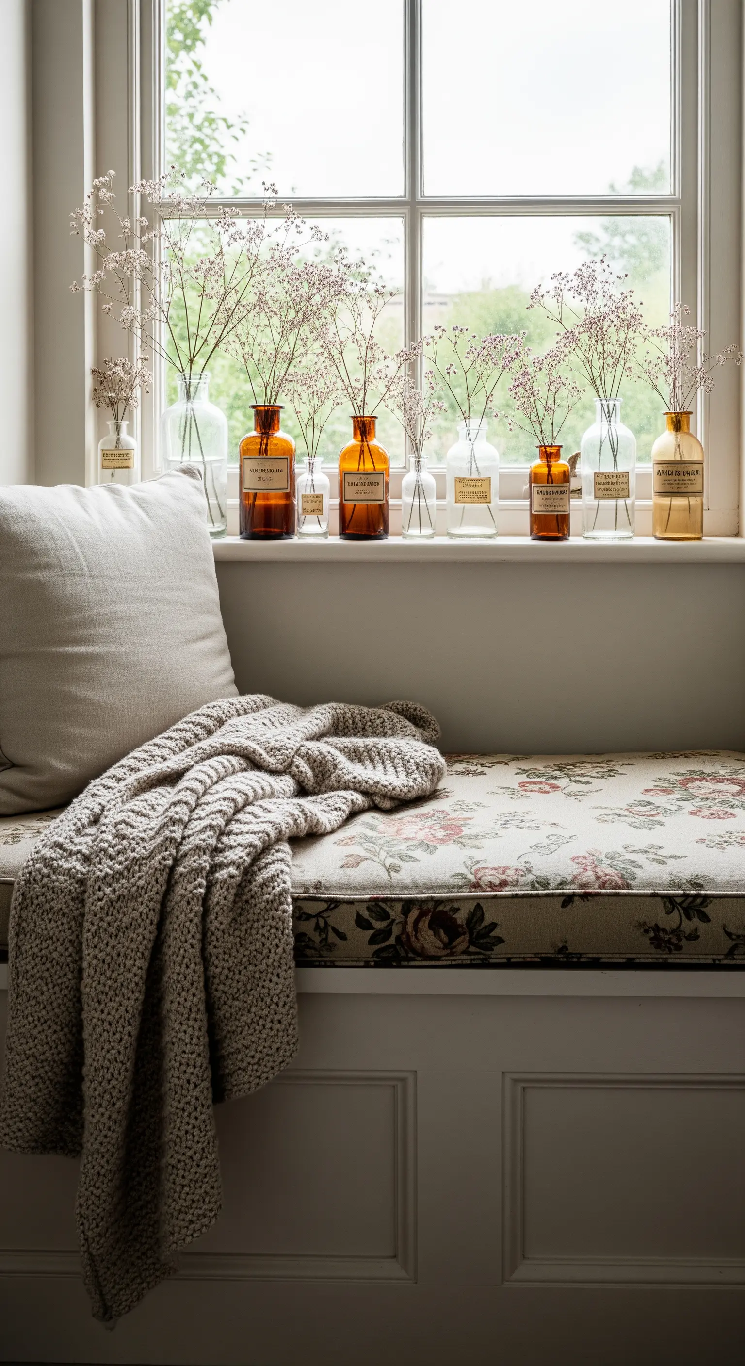 Panca sottofinestra con cuscino a fiori, coperta in maglia e bottiglie di farmacia sul davanzale.