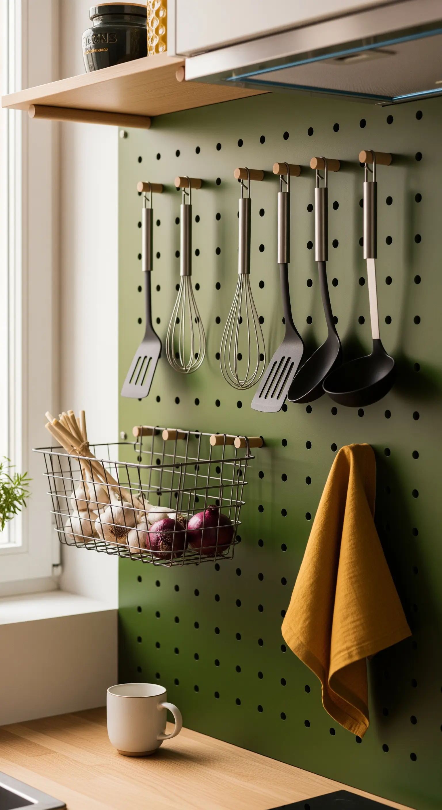 Pannello forato verde oliva con utensili da cucina e un canovaccio color senape.