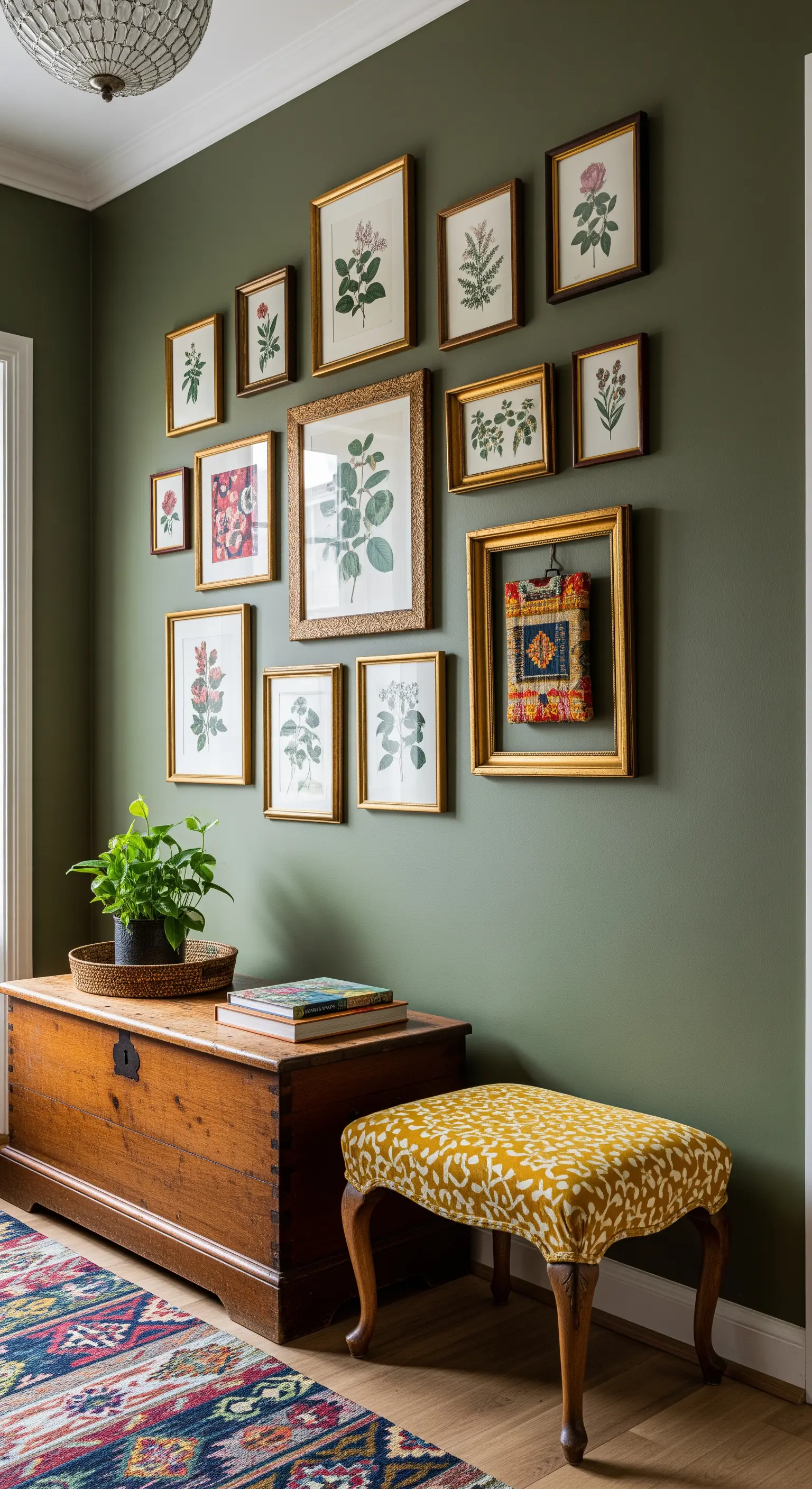 Gallery wall con stampe botaniche su una parete verde oliva, con panca in legno e sgabello senape.