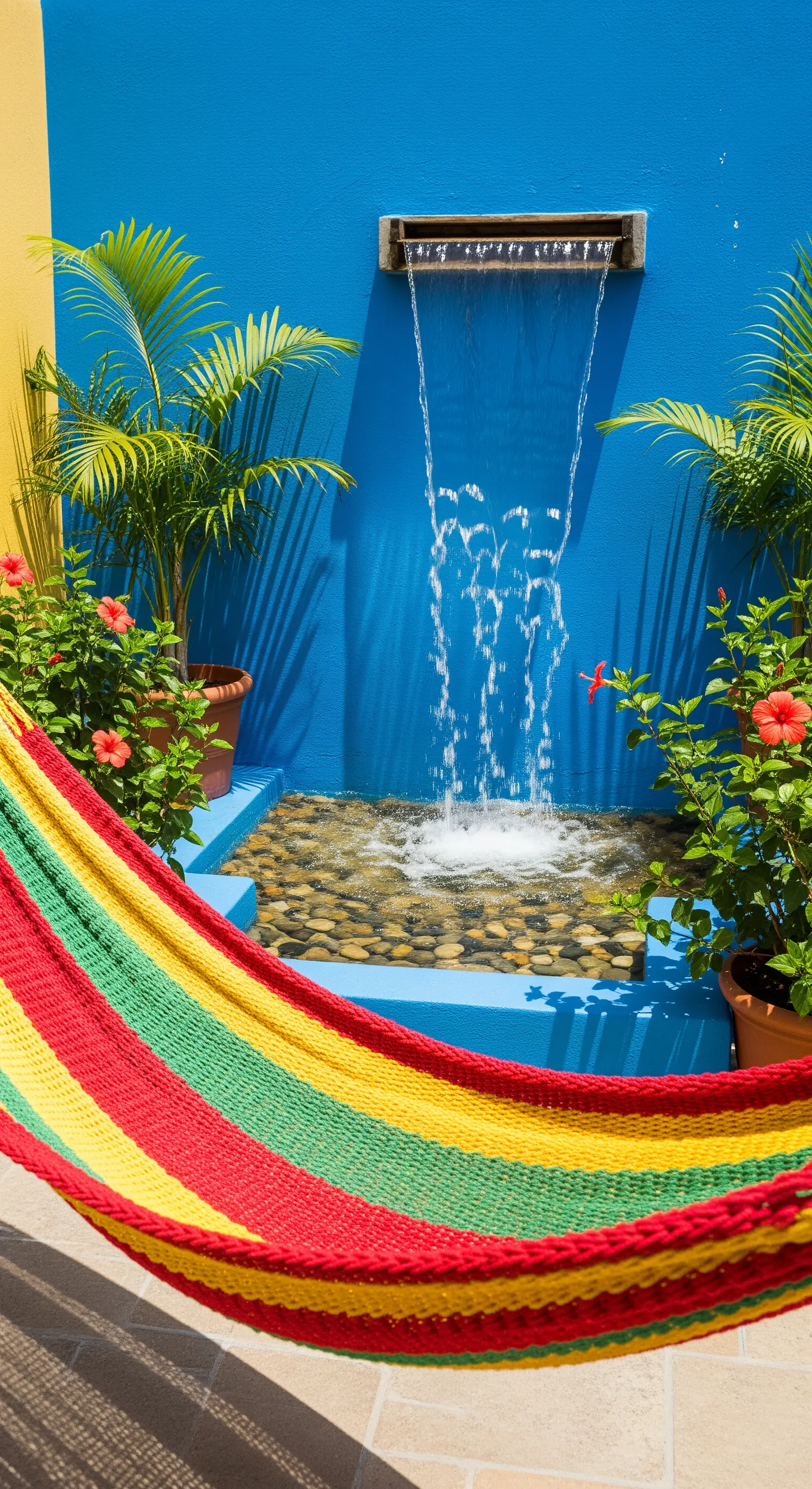 Amaca a righe vivaci davanti a una parete blu cobalto con una piccola cascata e piante di ibisco