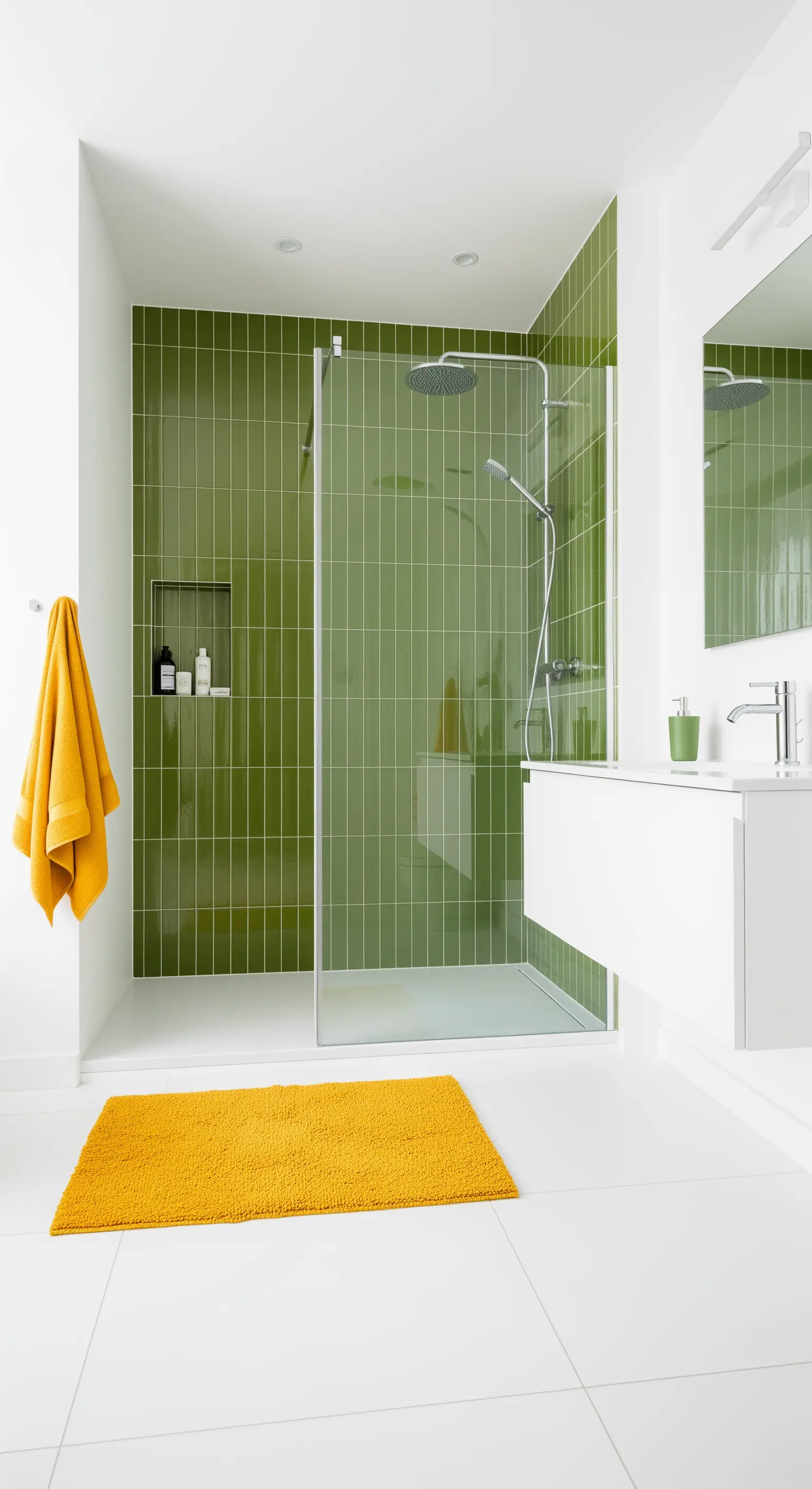 Bagno bianco minimalista con parete della doccia rivestita di piastrelle quadrate verde brillante.