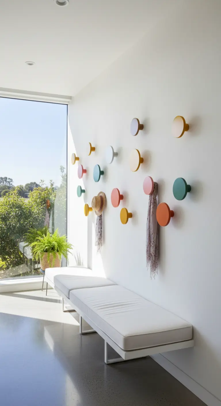 Panca bianca minimalista e una composizione di appendiabiti rotondi e colorati.