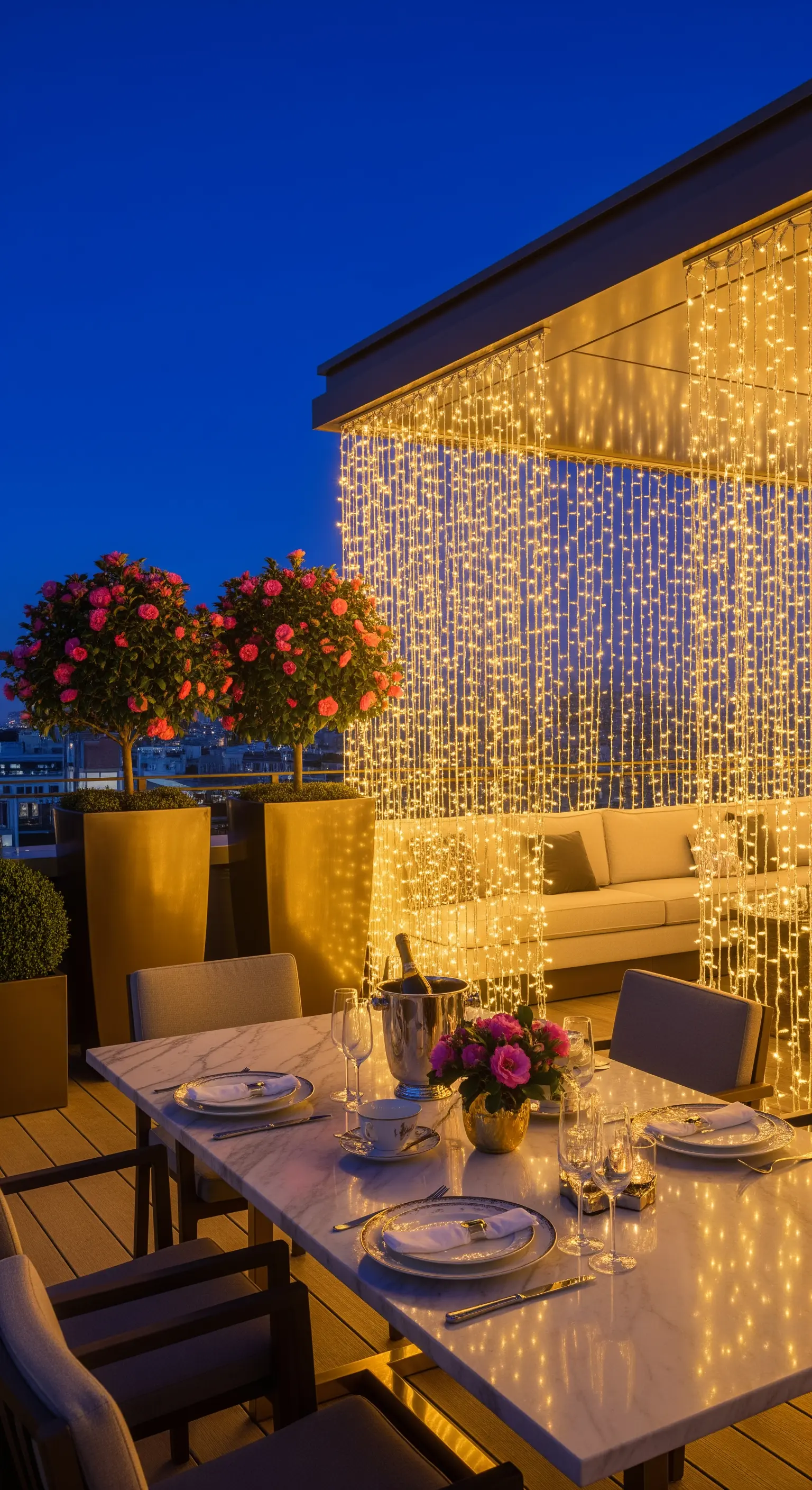 Terrazza elegante con una parete di luci a cascata, tavolo in marmo e alberelli di rose