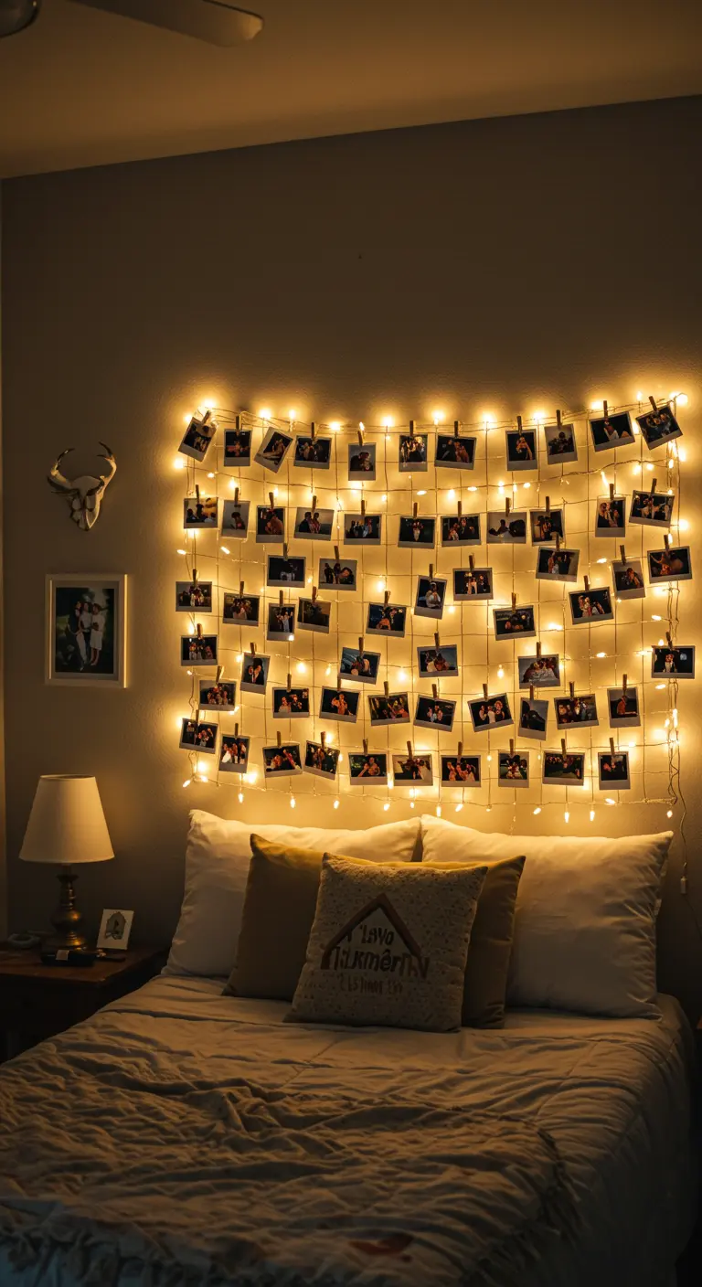 Griglia di fili luminosi con fotografie appese con delle mollette sopra un letto.