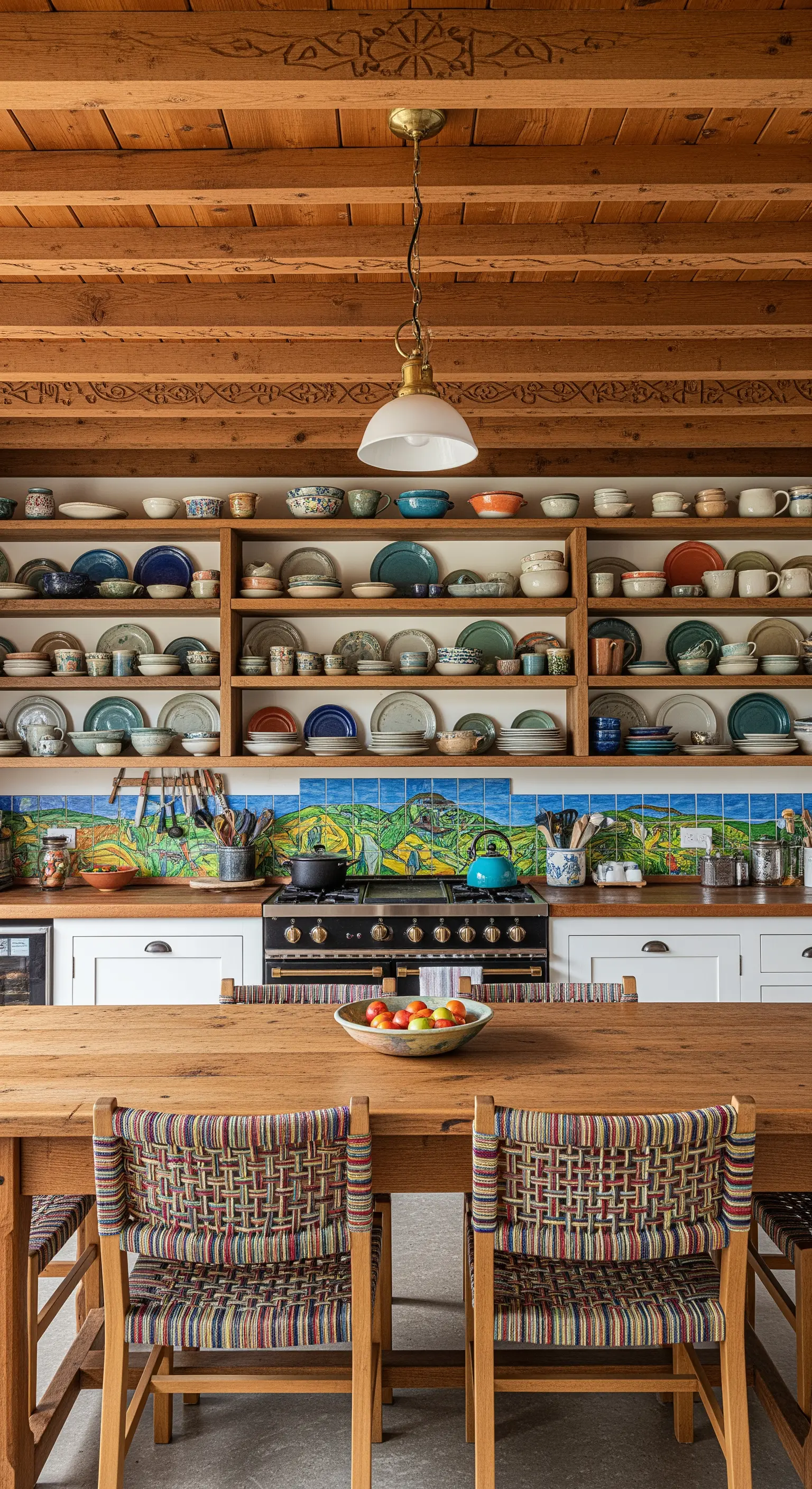 Parete della cucina con mensole a vista colme di piatti e ceramiche colorate.