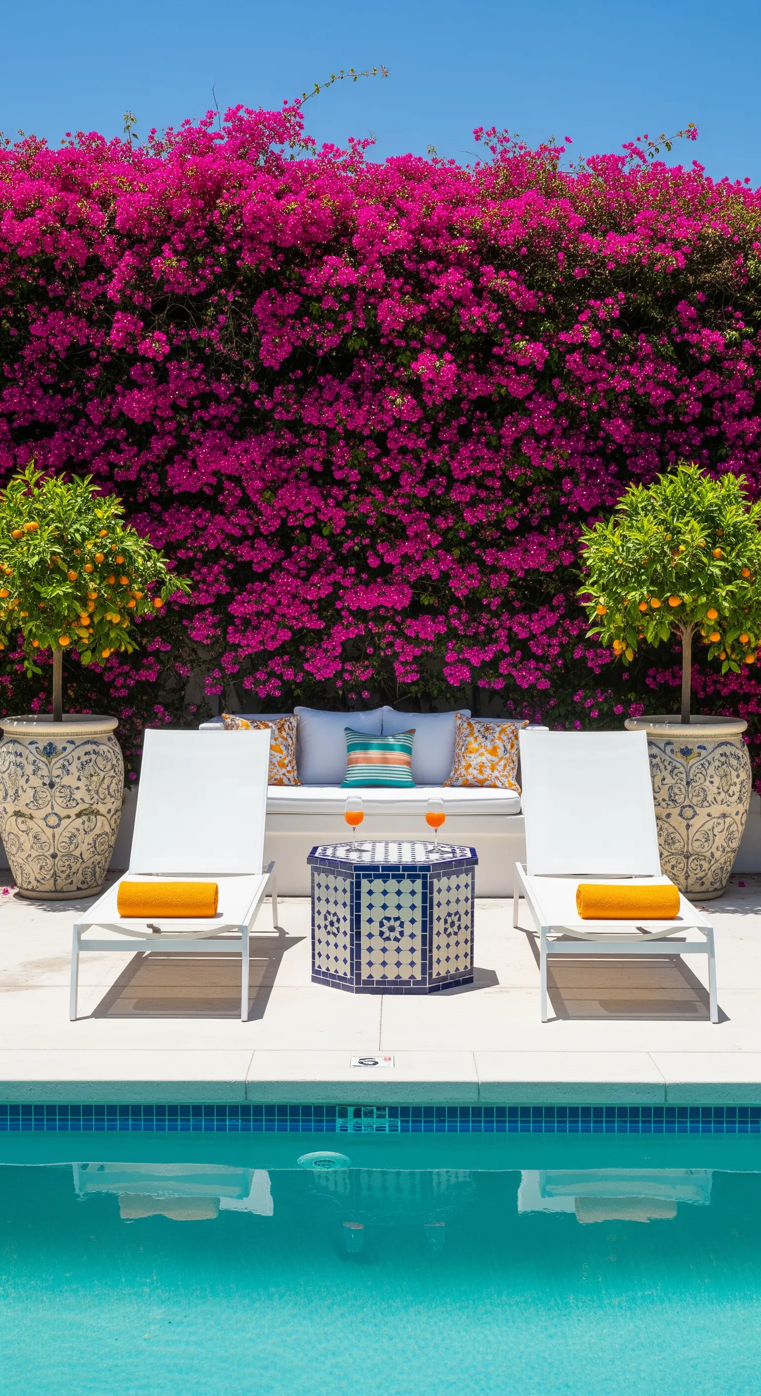 Piscina con lettini bianchi, tavolino in mosaico blu e una parete ricoperta di bouganville.
