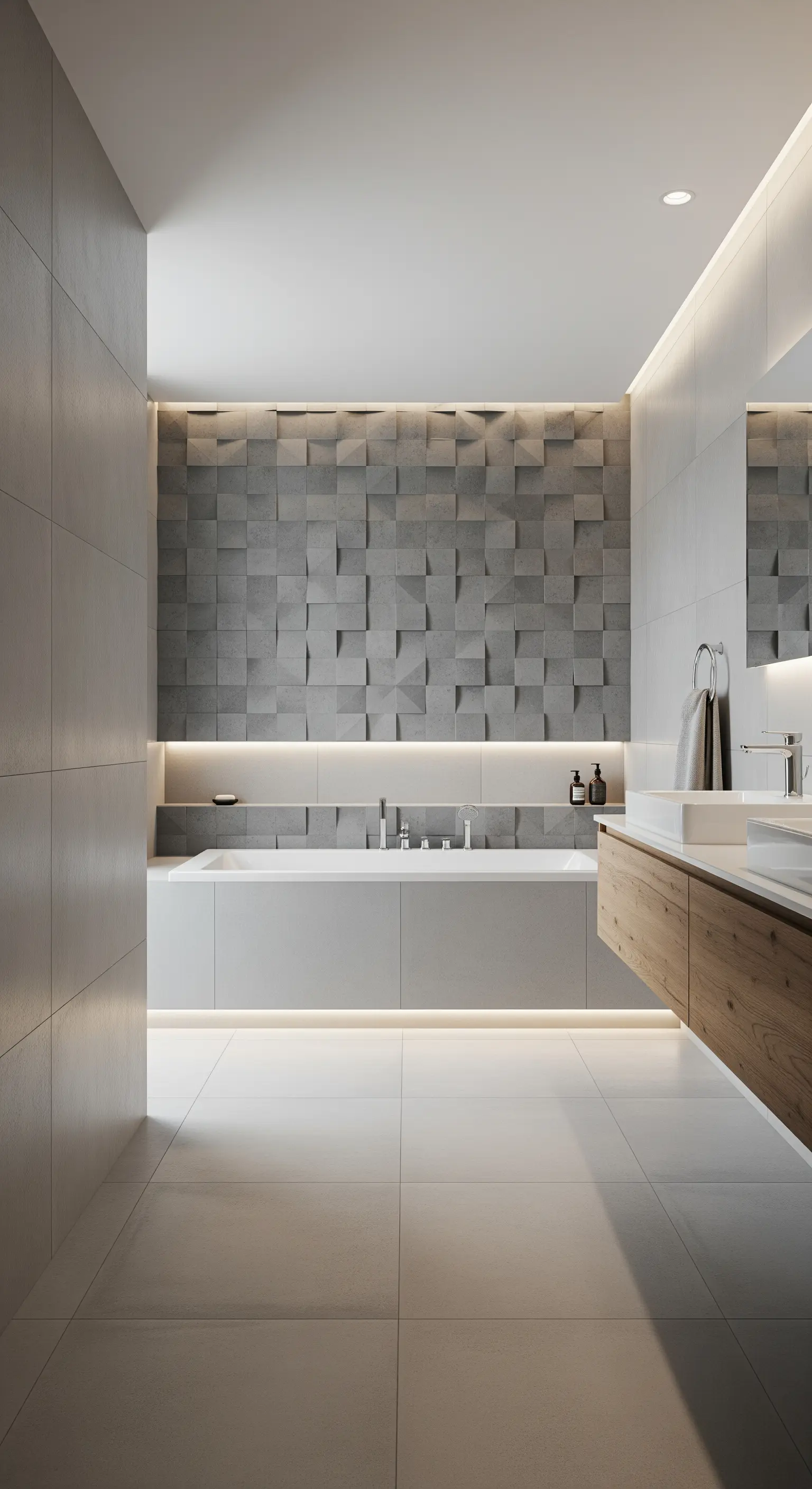 Vasca da bagno con parete di fondo in piastrelle 3D grigie, illuminate da una mensola a LED.