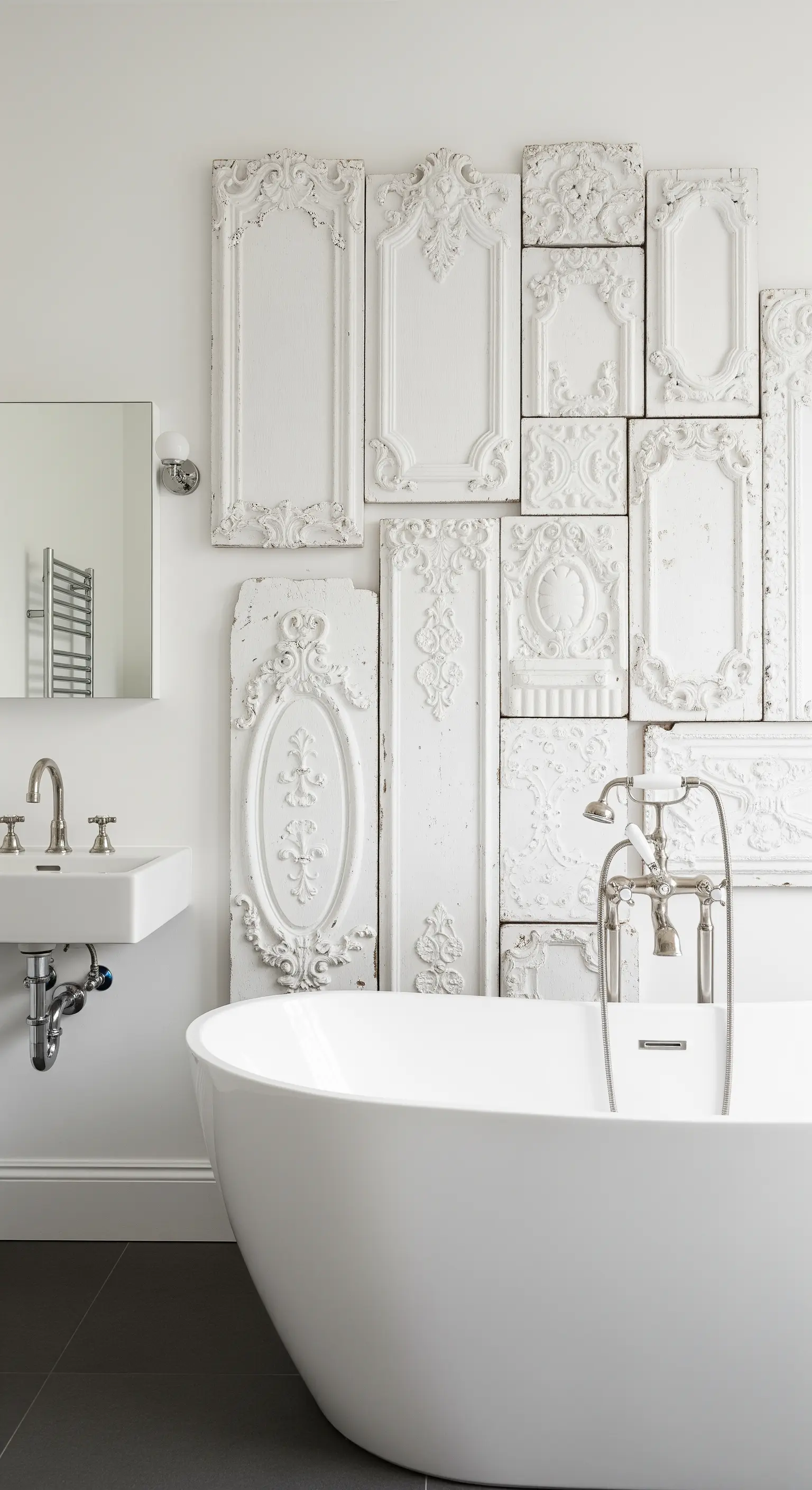 Parete decorata con un collage di pannelli in legno bianco intagliato dietro una vasca moderna.