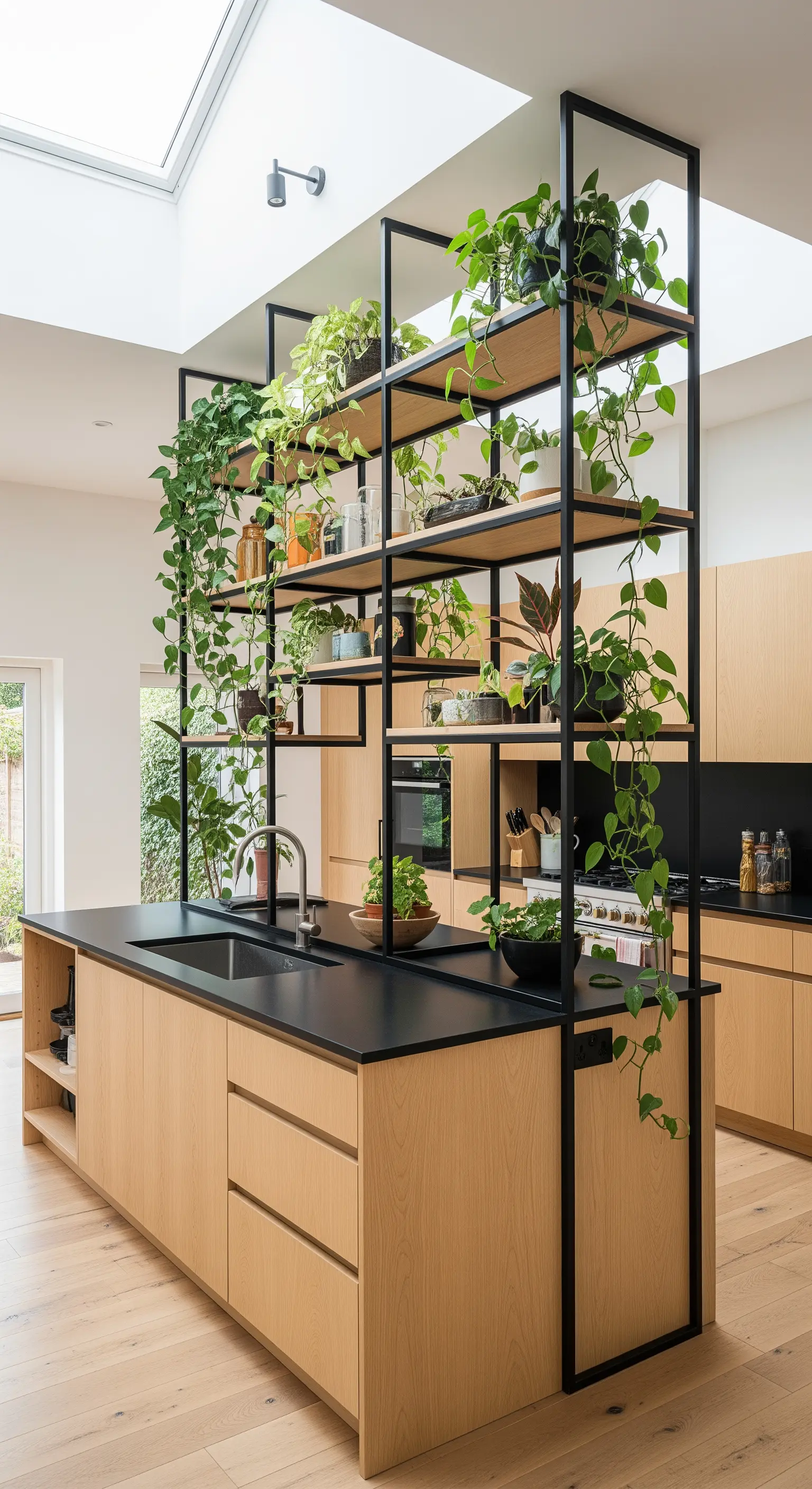 Isola cucina con una struttura a mensole in metallo nero che funge da divisorio e giardino verticale.