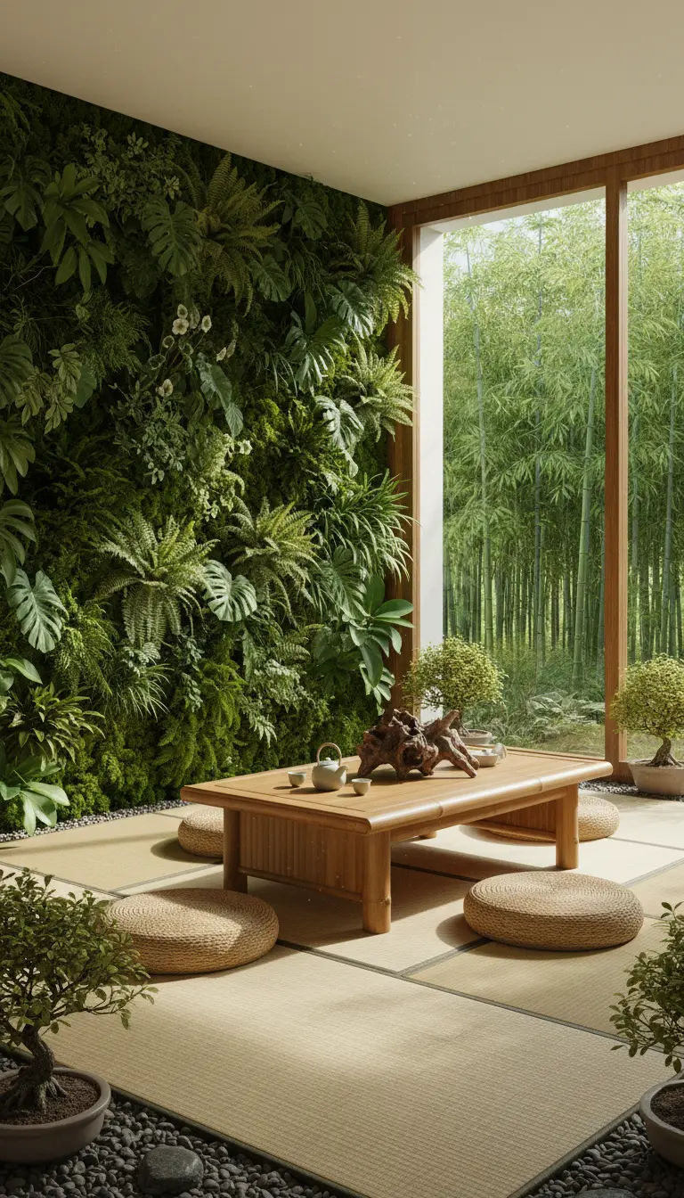 Salotto zen con un'intera parete ricoperta di piante verdi, affacciato su un bosco di bambù.