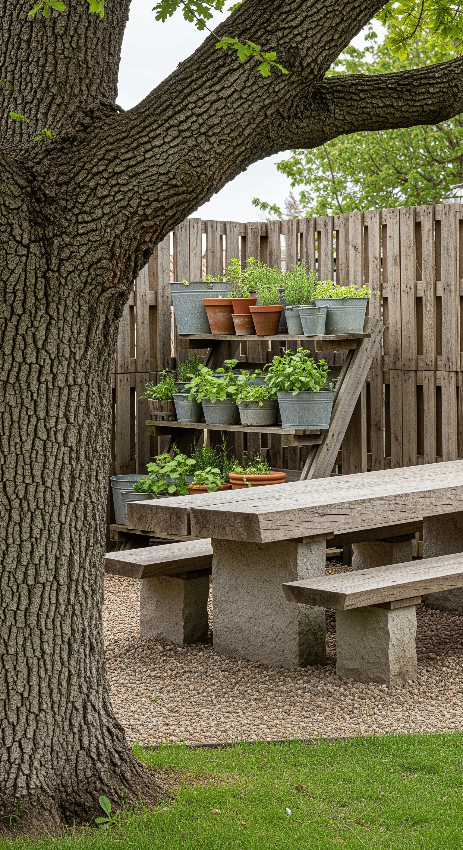 Scaffalatura in legno con vasi di erbe aromatiche dietro a un tavolo in pietra e legno grezzo.