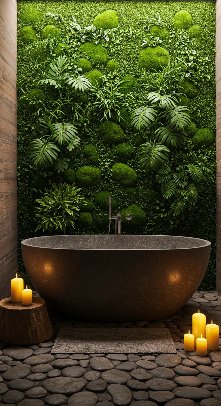 Vasca da bagno in pietra scura di fronte a una lussureggiante parete vegetale verticale.