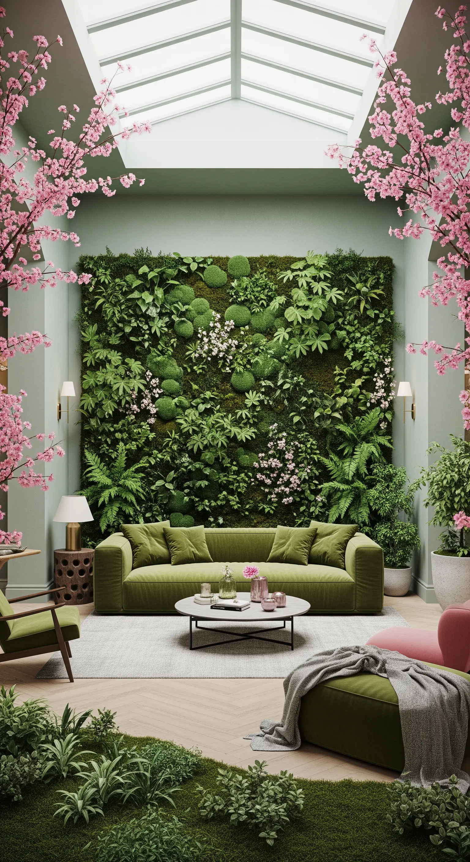 Salotto con un divano verde oliva posizionato di fronte a una grande parete interamente ricoperta di piante.