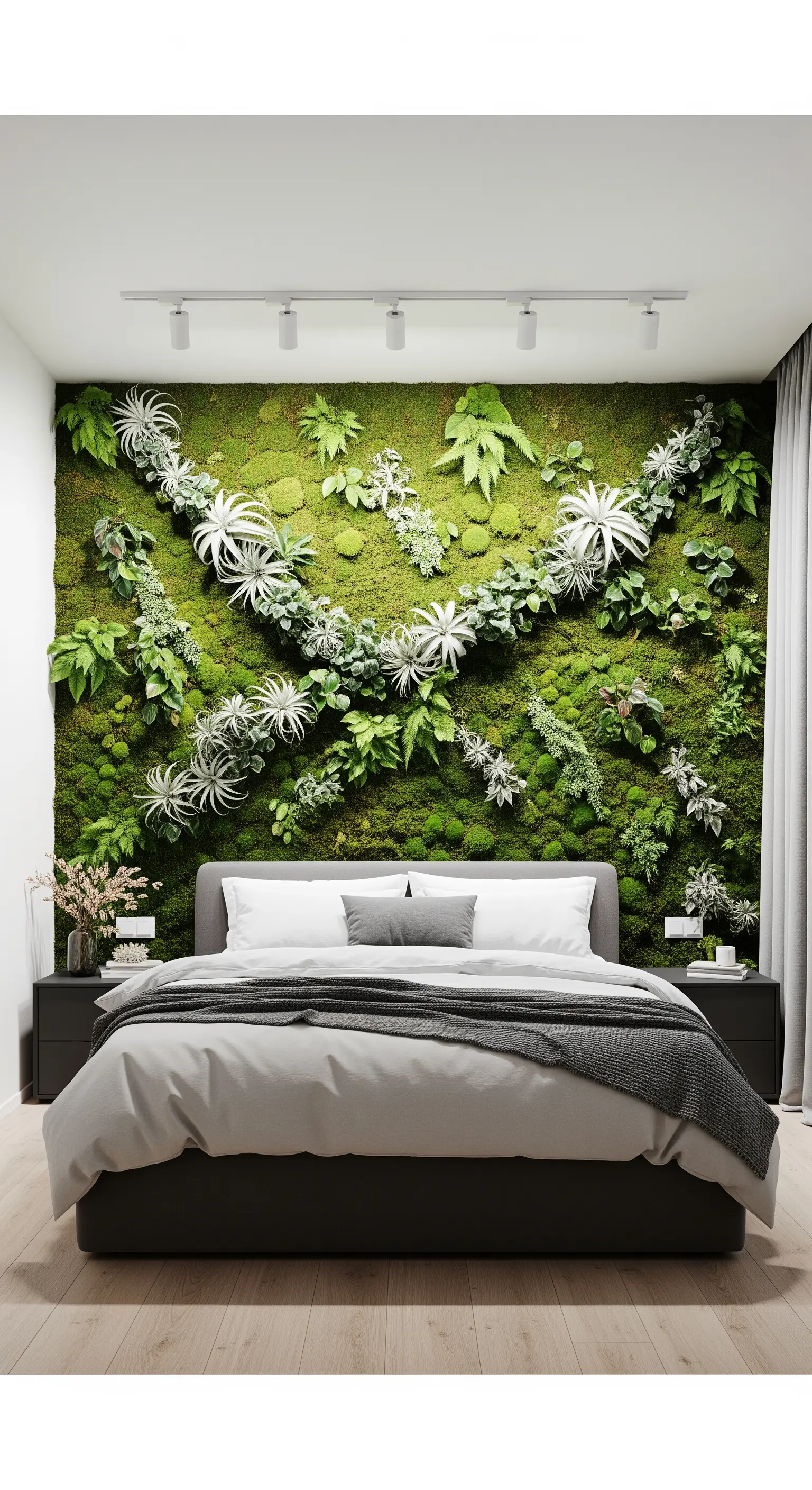 Parete dietro il letto interamente ricoperta di muschio e piante aeree, a creare una testiera naturale.