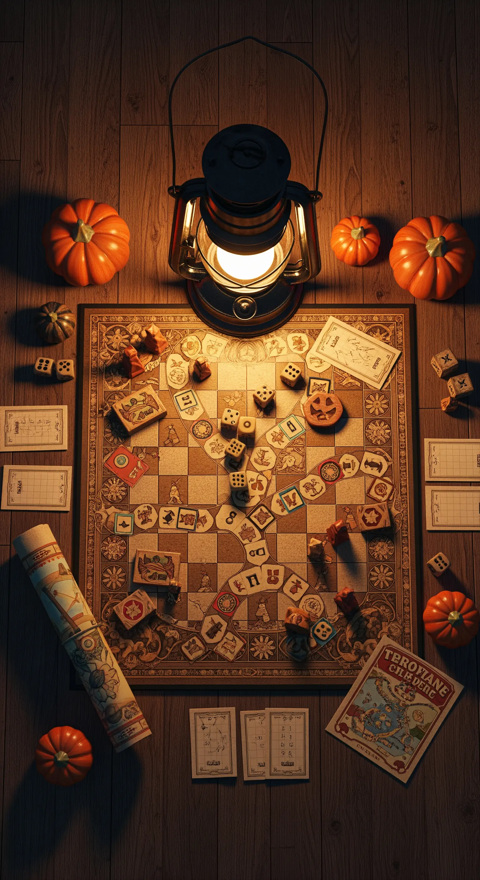 Gioco da tavolo vintage illuminato da una lanterna a olio e circondato da dadi e piccole zucche.