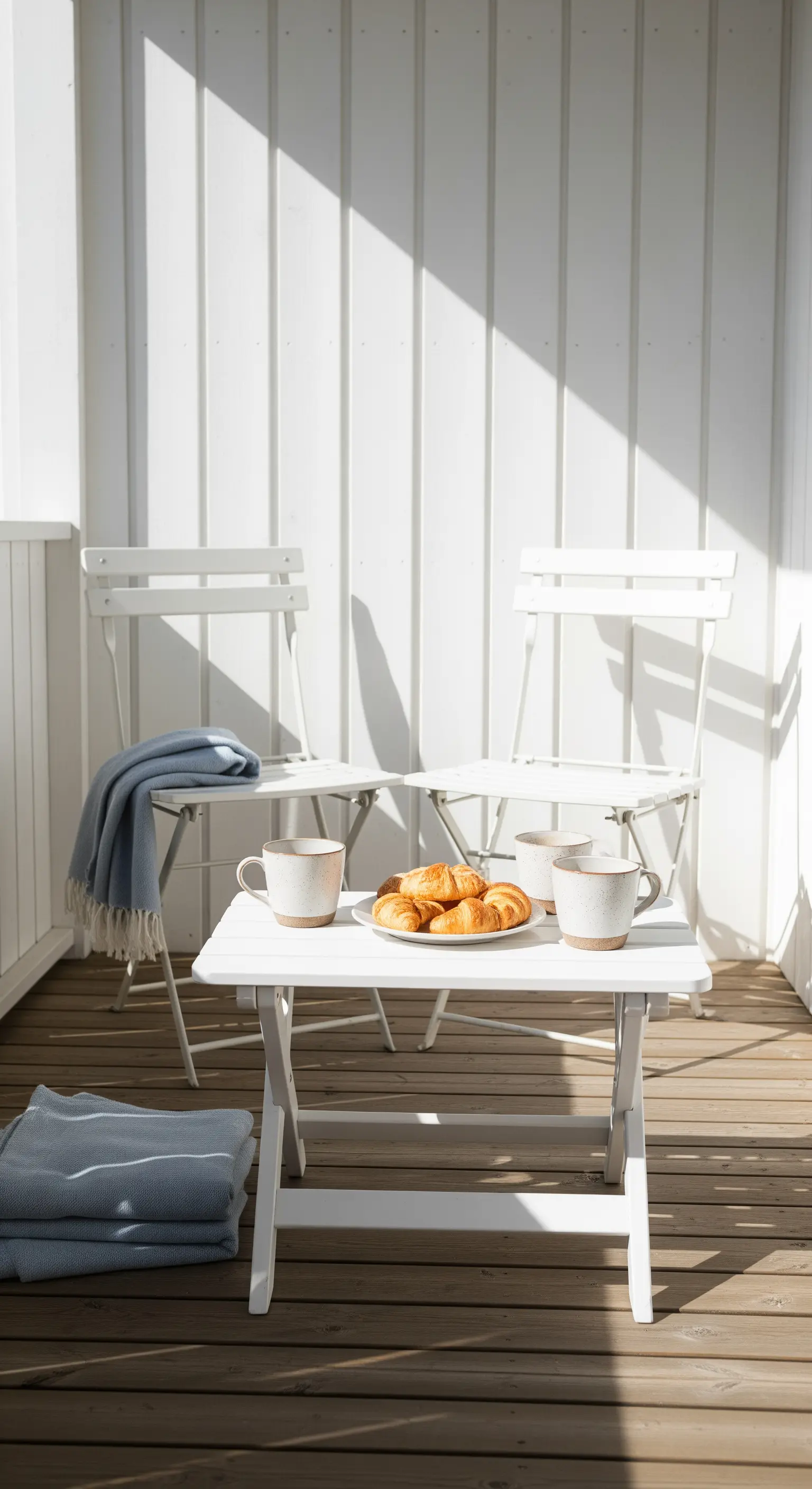 Angolo colazione su un balcone con set bistrot bianco, plaid azzurro e croissant.