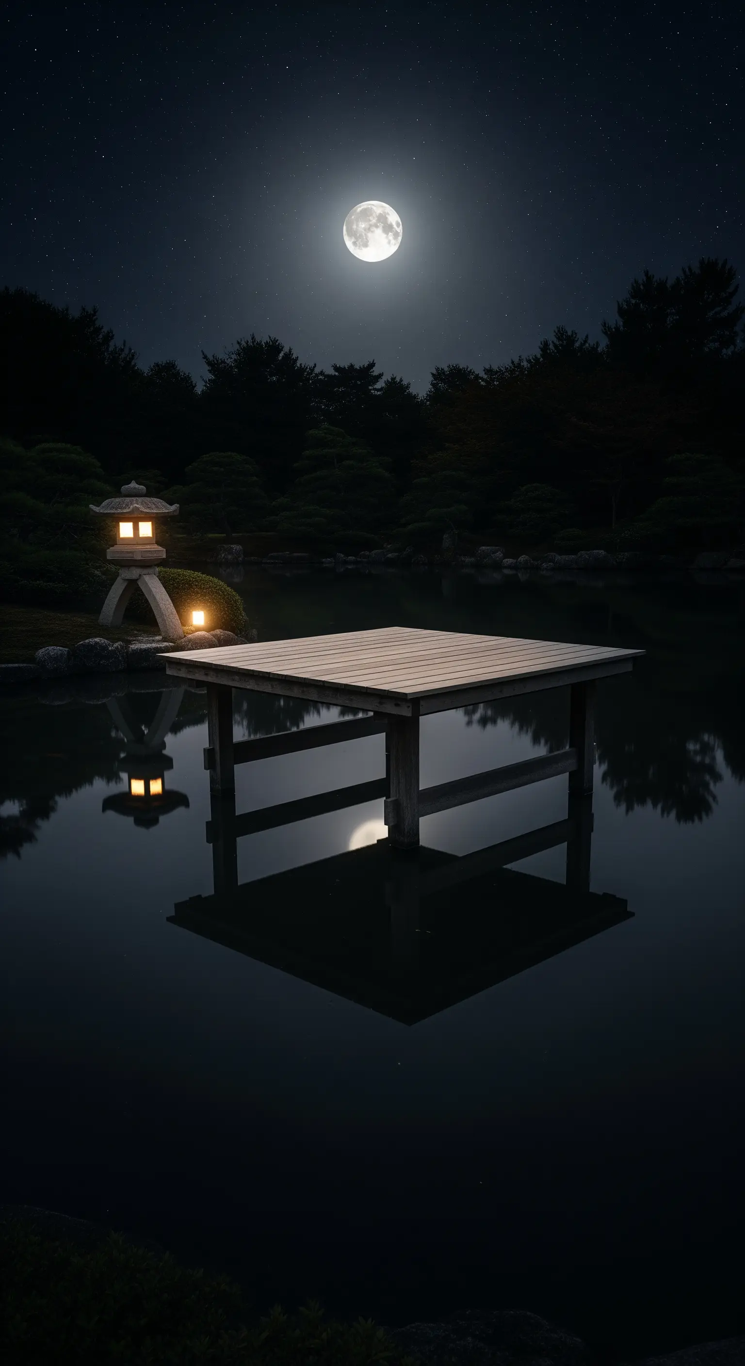Piattaforma in legno su un lago calmo di notte, con la luna piena e una lanterna.