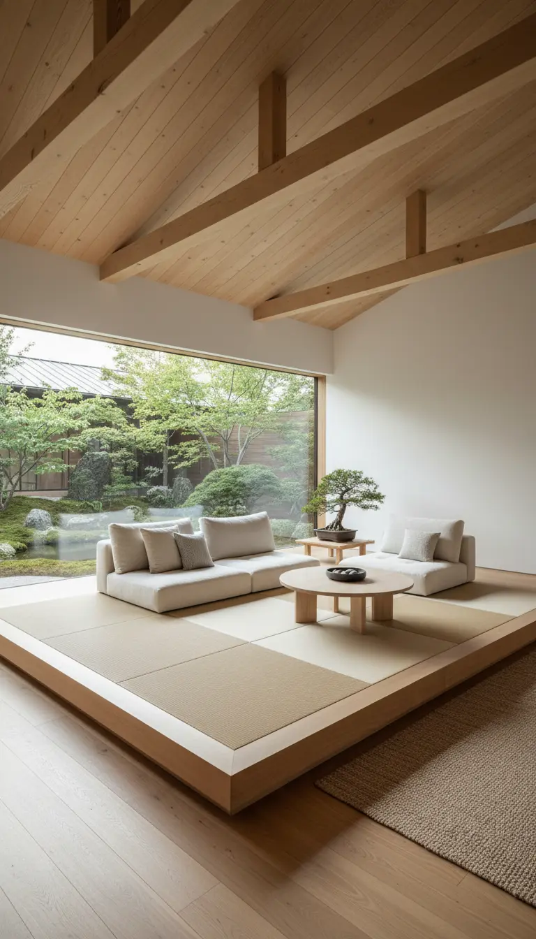Salotto moderno con piattaforma tatami rialzata, divani bassi e vista su un giardino giapponese.