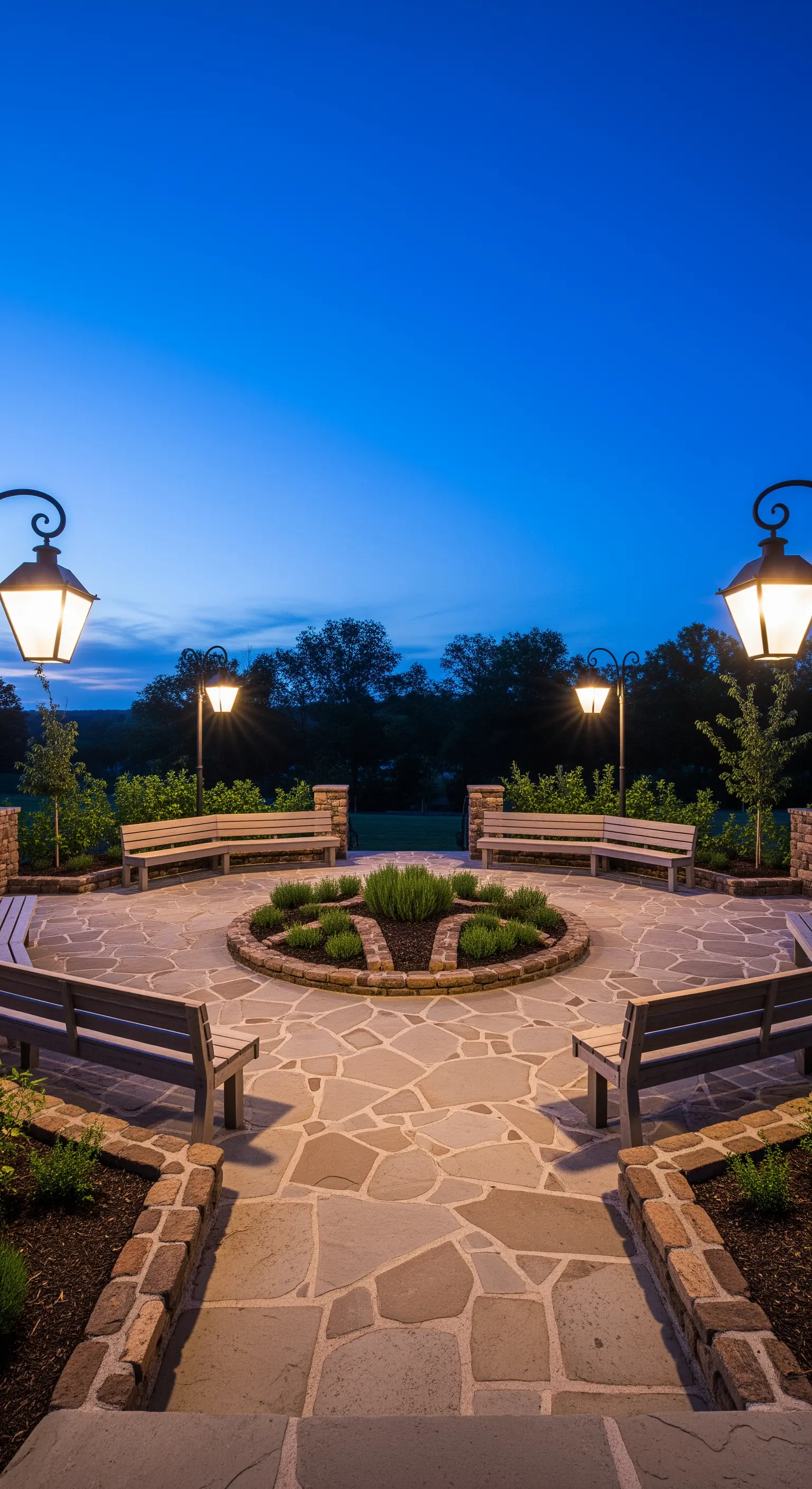Ampio patio circolare in pietra con panche curve e lampioni classici al crepuscolo.