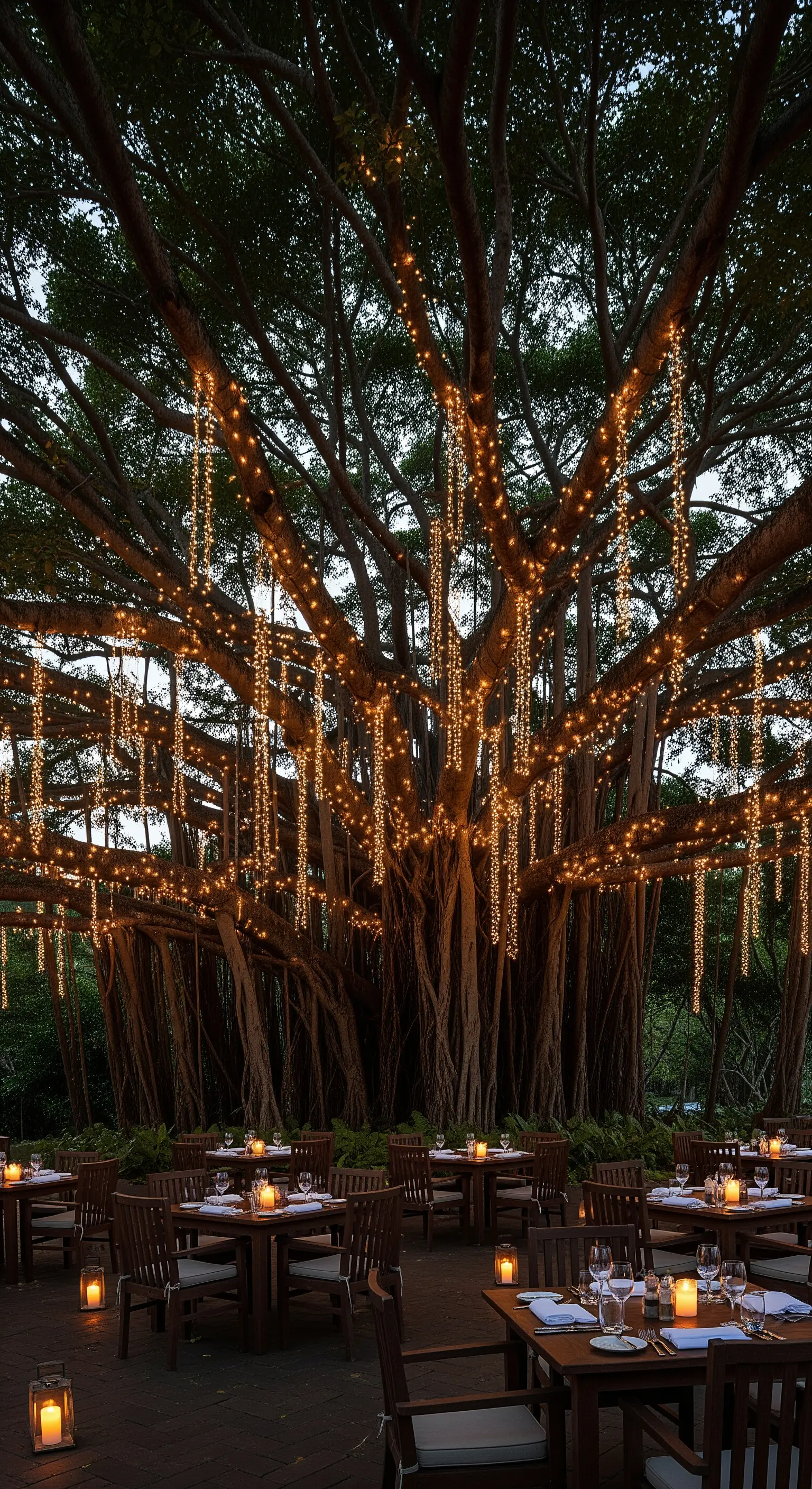 Tavoli di un ristorante all'aperto sotto un grande albero con luci a cascata appese ai rami.