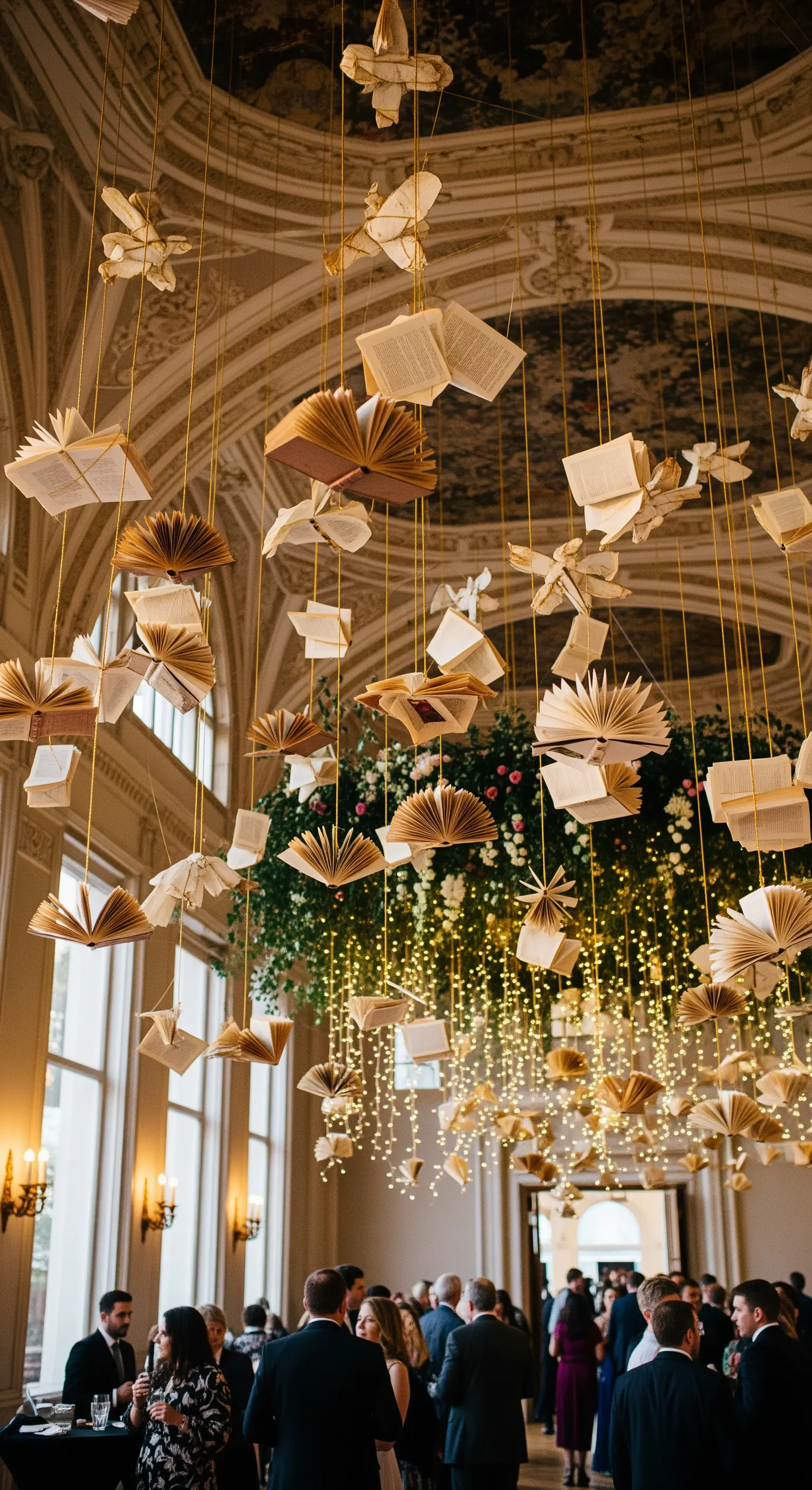 Installazione a soffitto con libri aperti, origami e lucine sospesi in una grande sala.