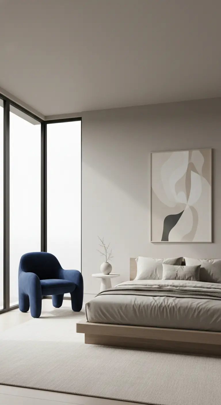 Poltrona scultorea in velluto blu notte in un angolo di una camera da letto minimalista.