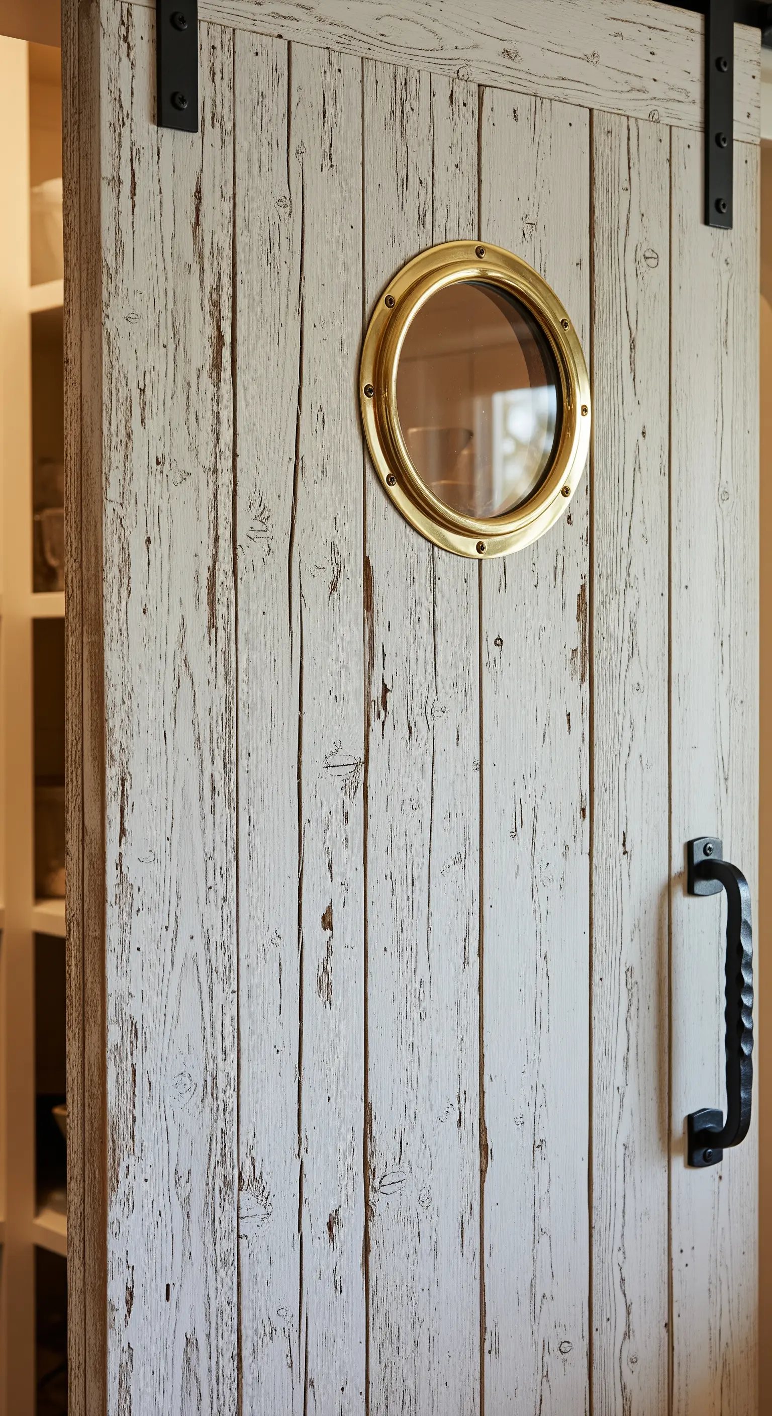 Porta scorrevole in legno bianco di recupero con un oblò rotondo in ottone.