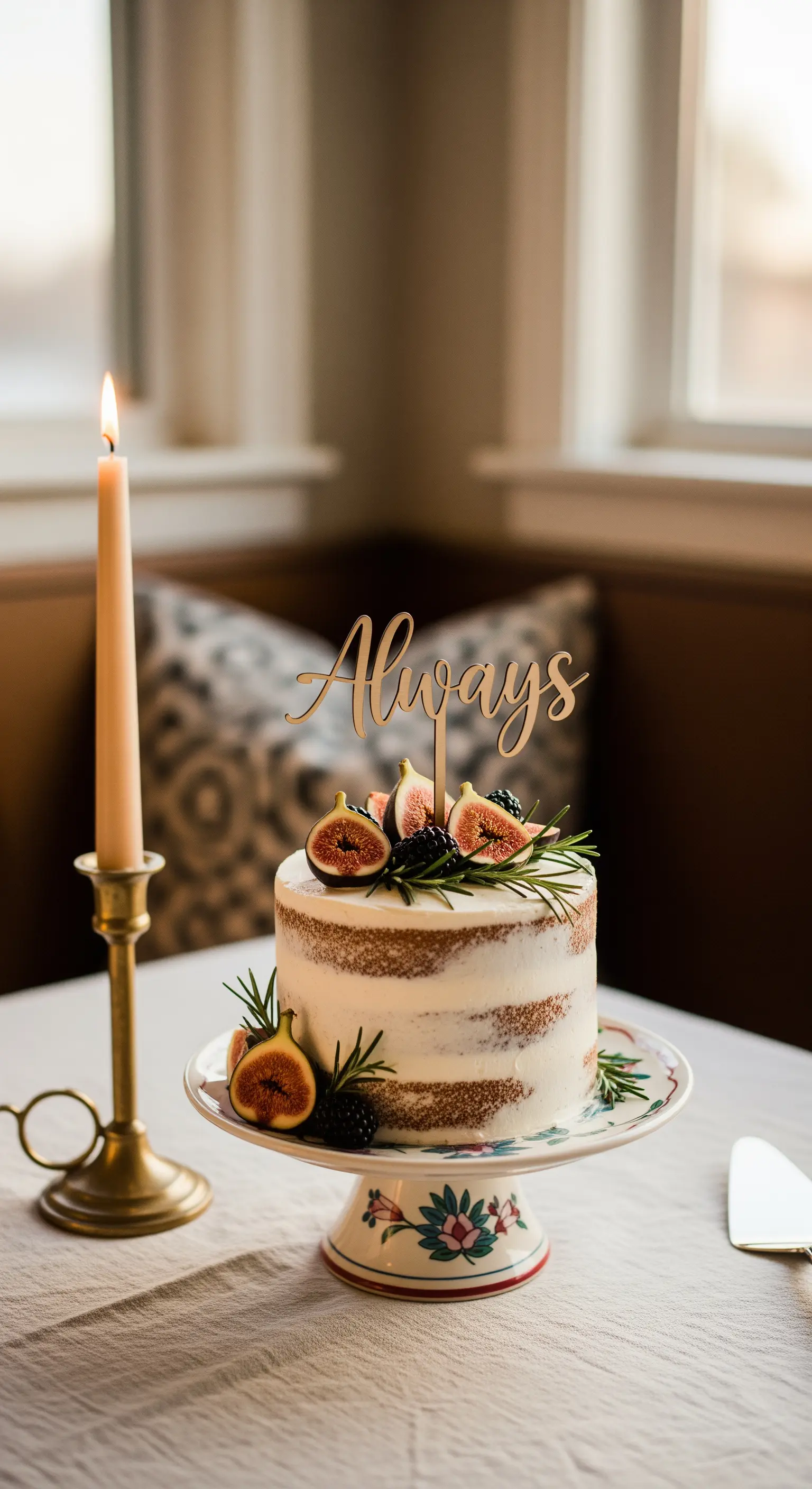 Torta nuda per anniversario con fichi, topper in legno Always e una candela accesa.