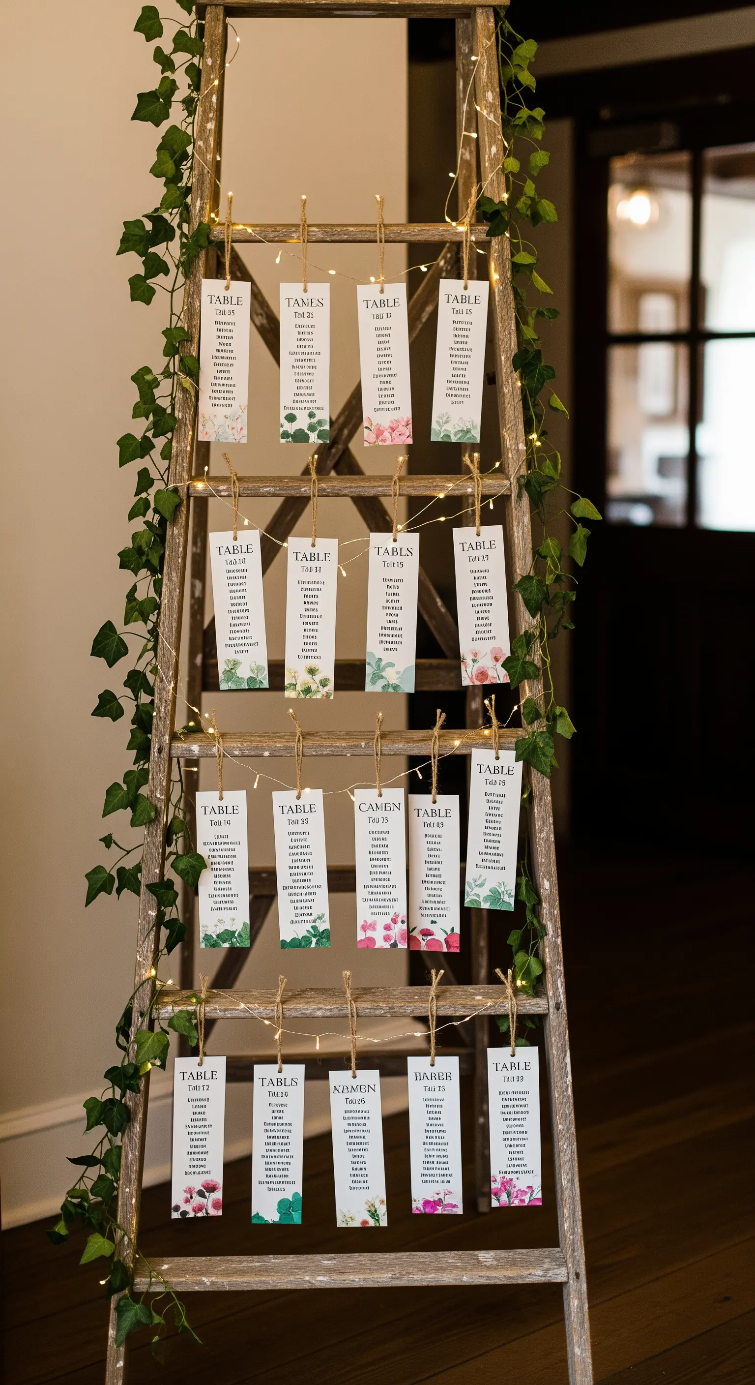 Tableau de mariage creativo su una scala a pioli di legno decorata con edera e lucine.