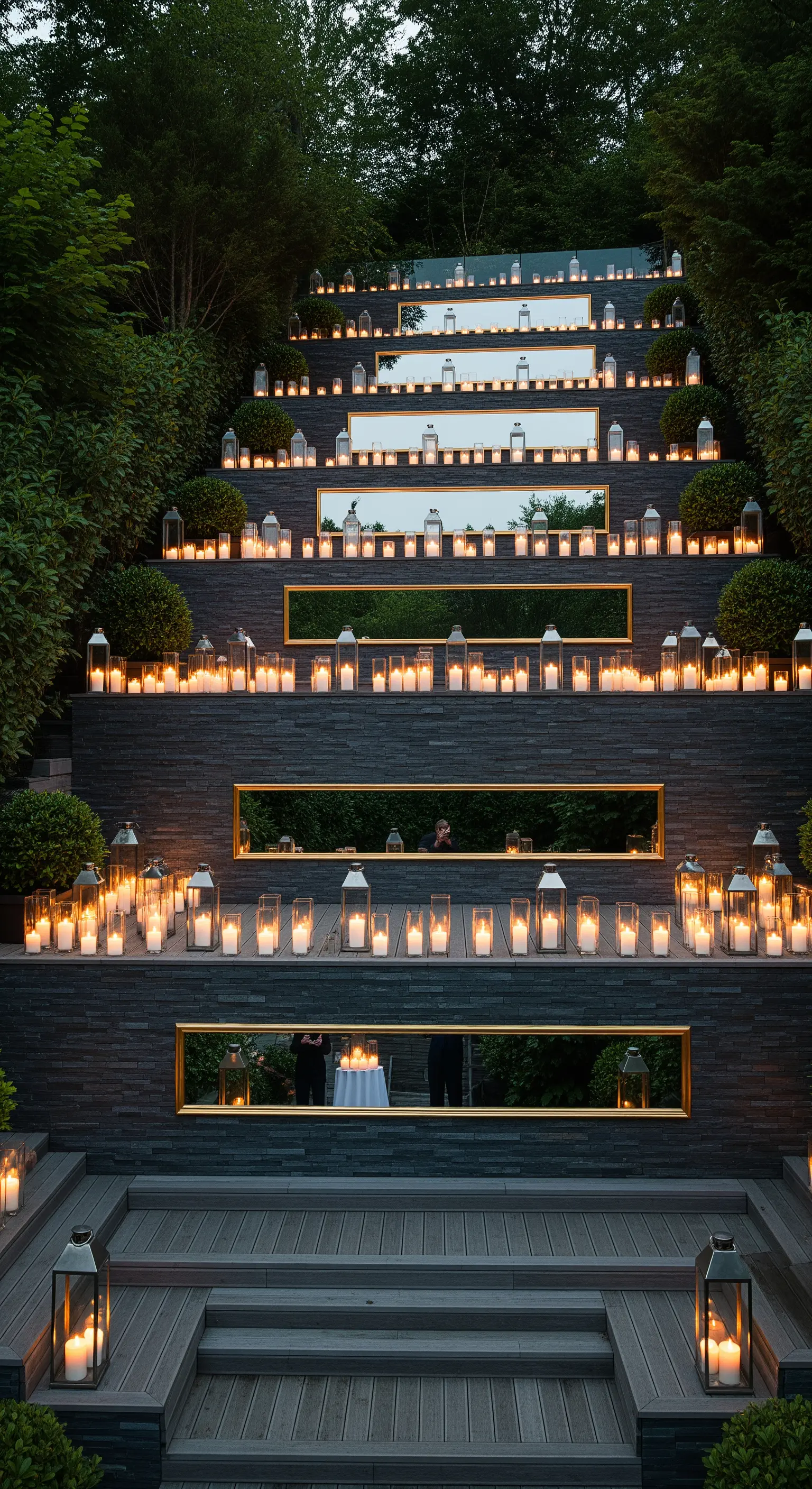 Grande scalinata esterna terrazzata, decorata su ogni livello con specchi e lanterne accese.