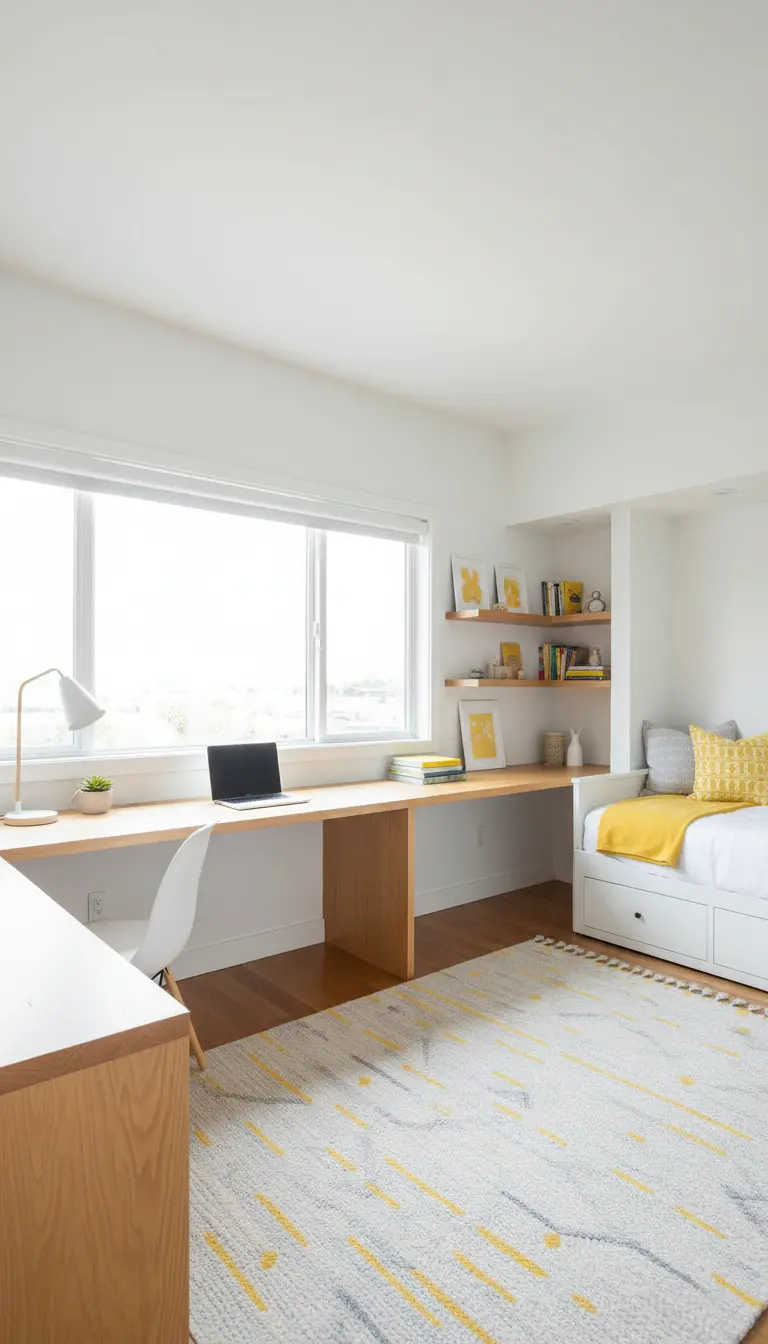 Lunga scrivania in legno chiaro posizionata sotto una grande finestra, accanto a un letto bianco.