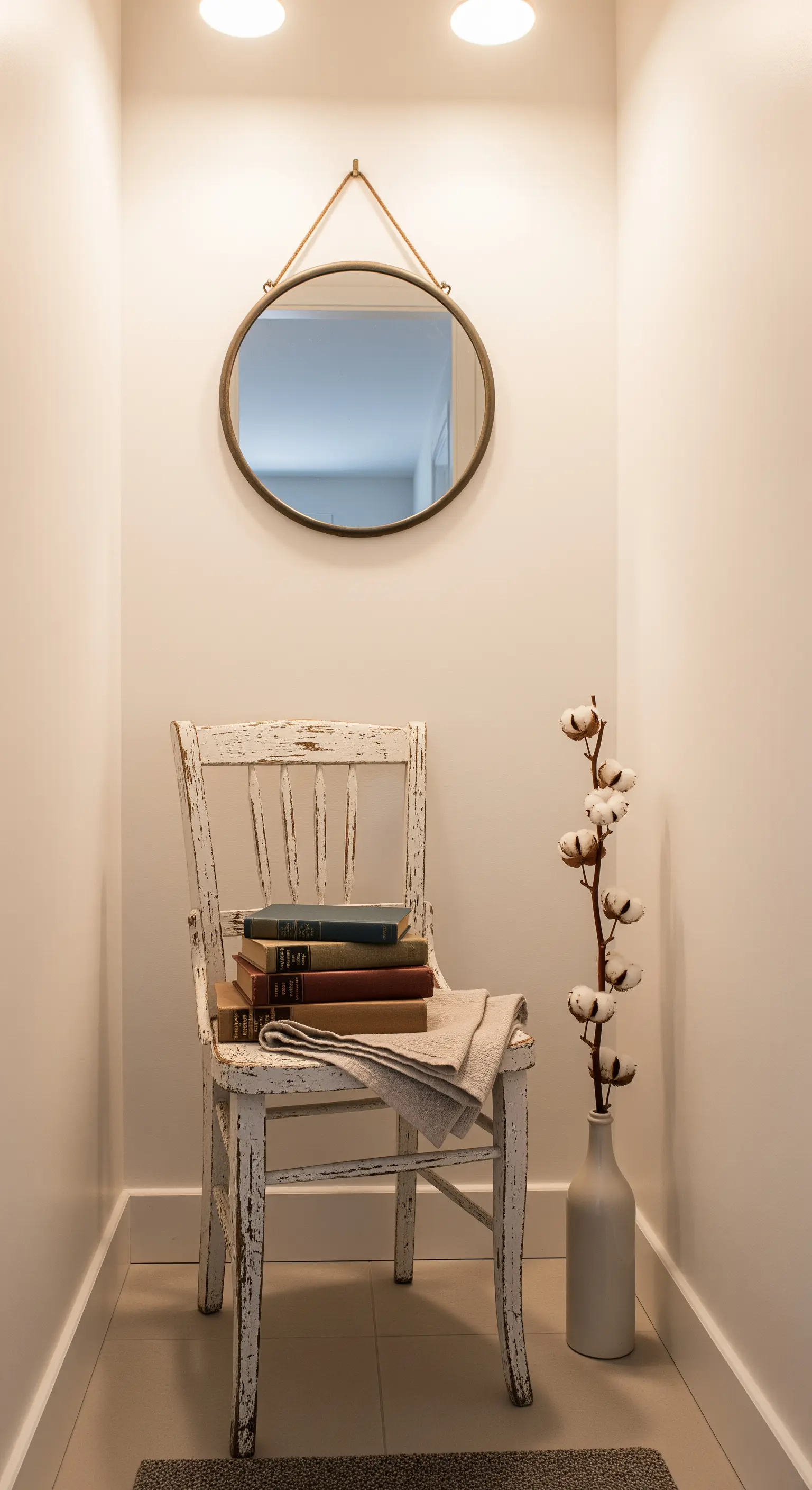 Sedia bianca decapé in un corridoio stretto con libri e un ramo di cotone in un vaso.